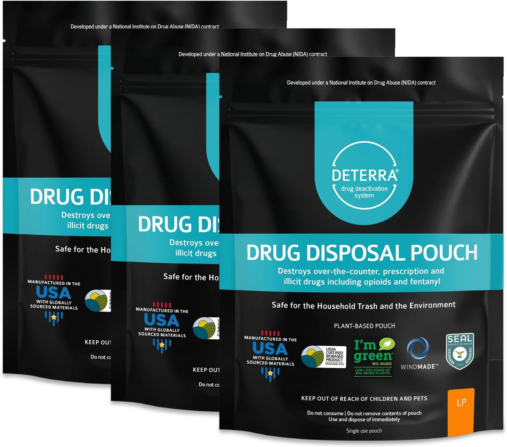 Drug Deactivation Disposal System - Deterra Safe Medication, Pill, and Liquid Destroyer - Large Pouch Disposes 90 Pills, 12 oz or 12 Patches (3-Pack)