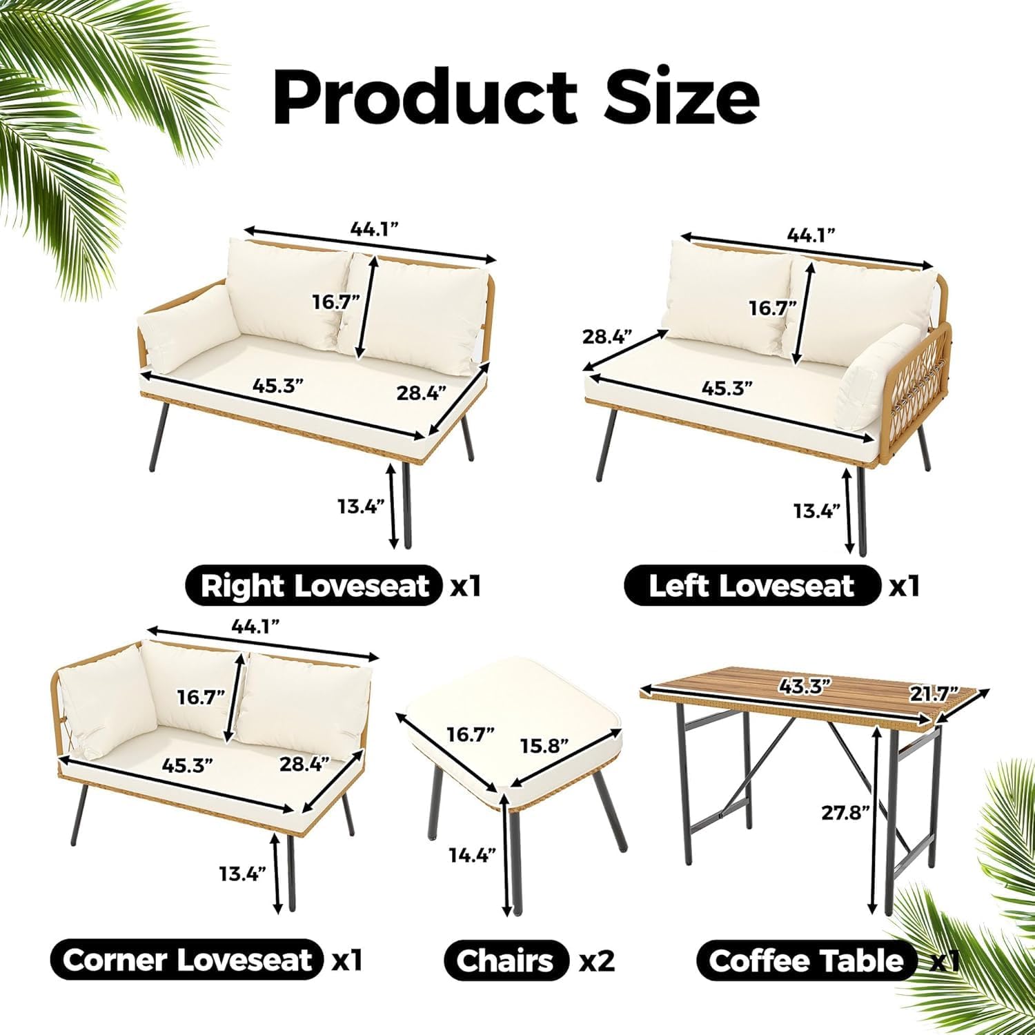 6 Pieces Wicker Patio Conversation Set with Table, Outdoor L-Shaped Sectional Sofa Set with Cushions, All Weather Boho Rattan Conversation Couch Sets for Backyard, Porch, Balcony, Deck, Beige