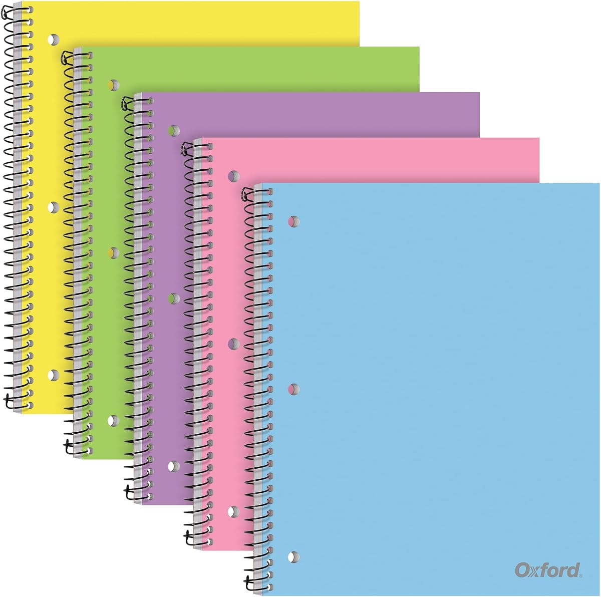 Oxford 1 Subject Spiral Notebook, Notebooks for School, Plastic Covers, School Supplies, College Ruled, 100 Sheets, 5 Pack, Assorted Pastel Colors: Blue, Green, Yellow, Pink and Purple (1009291)