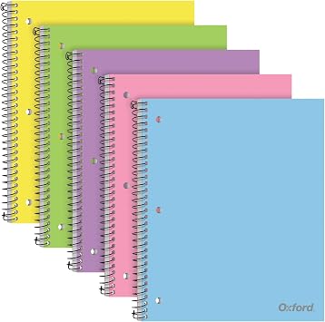 Oxford 1 Subject Spiral Notebook, Notebooks for School, Plastic Covers, School Supplies, College Ruled, 100 Sheets, 5 Pack, Assorted Pastel Colors Blue, Green, Yellow, Pink and Purple 1009291