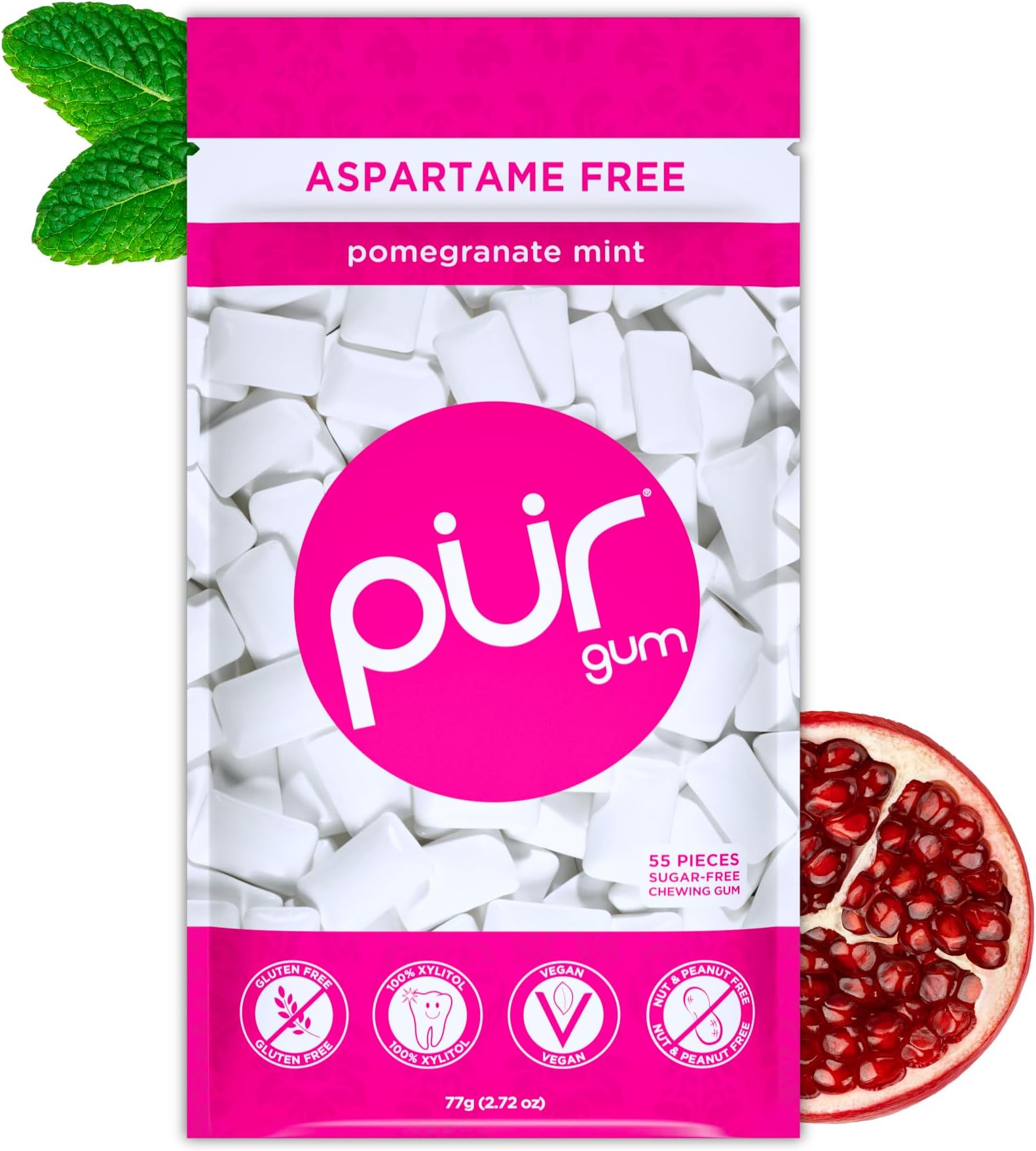 Aspartame Free Chewing Gum | 100% Xylitol | Natural Pomegranate Mint Flavored Gum, 55 Pieces (Pack of 1)
