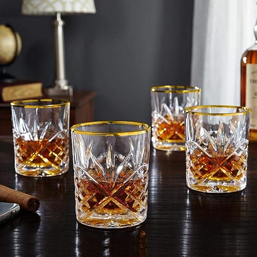 Le'raze Juego de 4 vasos de whisky de cristal elegantes con banda de oro de 24 quilates para bebidas de whisky, bourbon y cócteles | Juego de