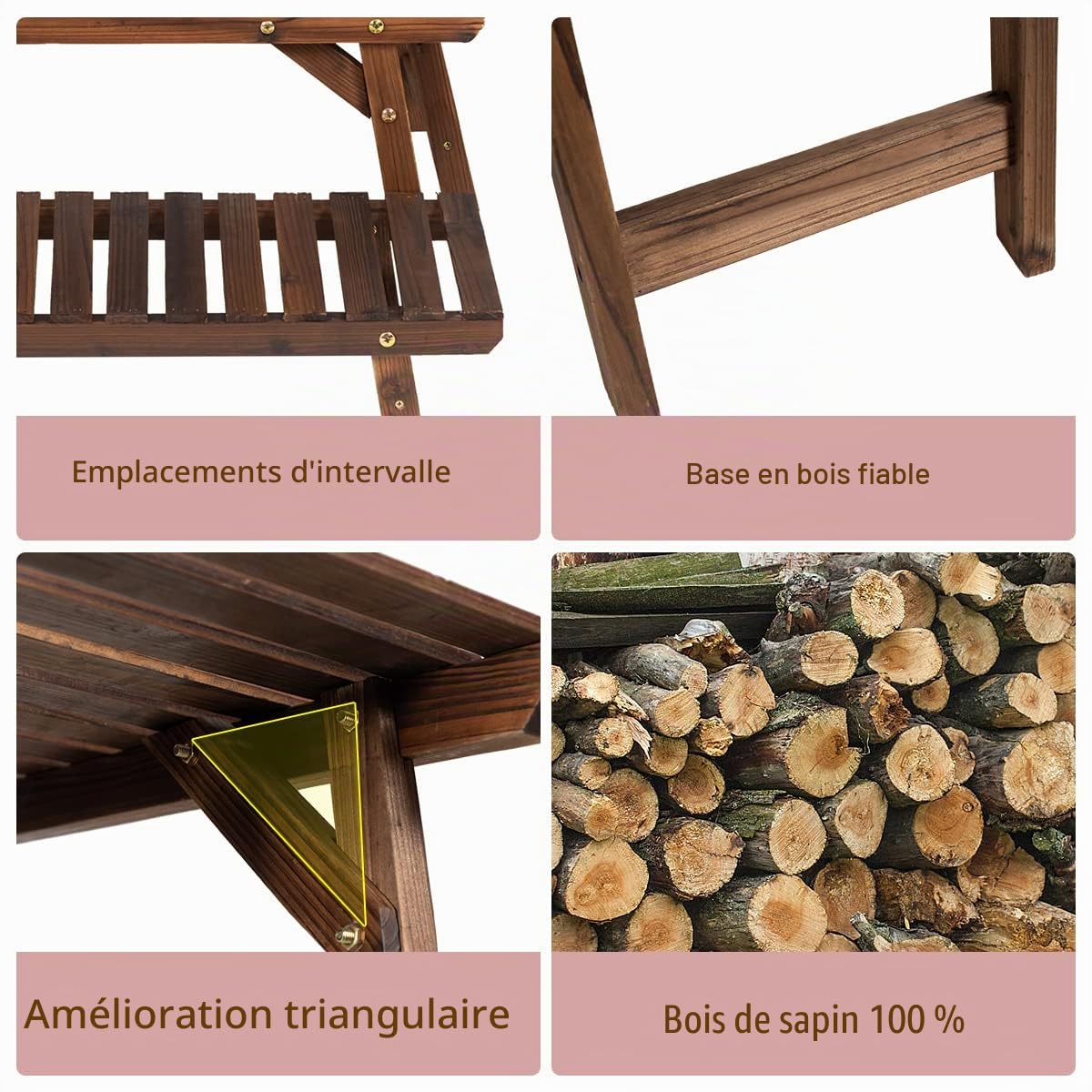 KOMFOTTEU Lot de 3 supports pour plantes, escalier en bois, étagères à fleurs à plusieurs étages, échelle de fleurs, design classique, étagère amovible pour plantes, jardin, balcon, terrasse, nature
