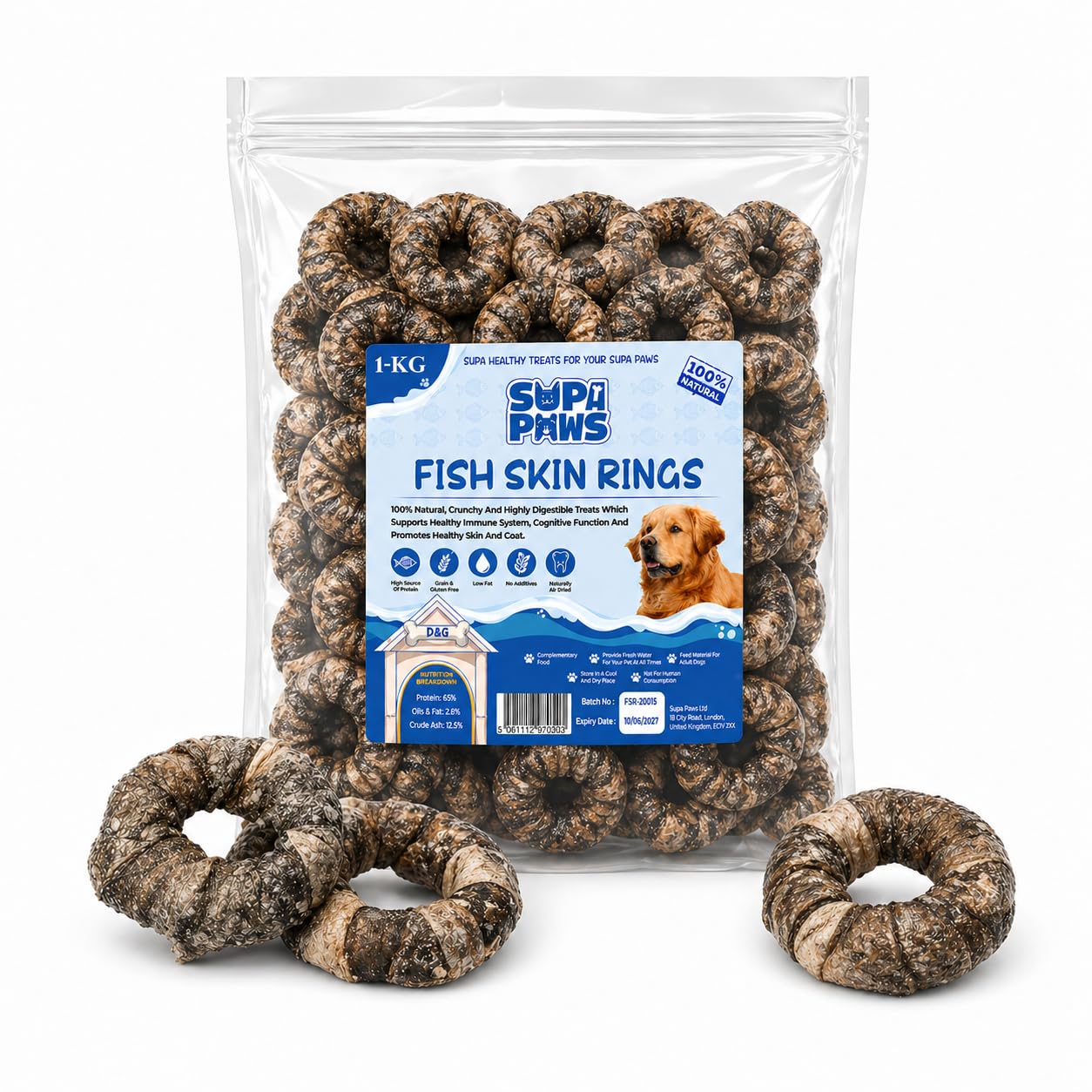 Supa Paws 1Kg Fish Skin Rings for Dogs 100% Natural White Fish Skin Jerky Rings Dog Treat, Hypoallergenic Dog Food & Grain Free Dog Chews, Dental Pet Treat, High Protein Dog Snacks