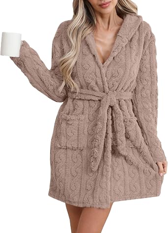 Robes for Women Fluffy Fuzzy Short Robe Waist Tie Fuzzy Bathrobe with Pockets Plush Fleece Cozy Warm Bathrobe