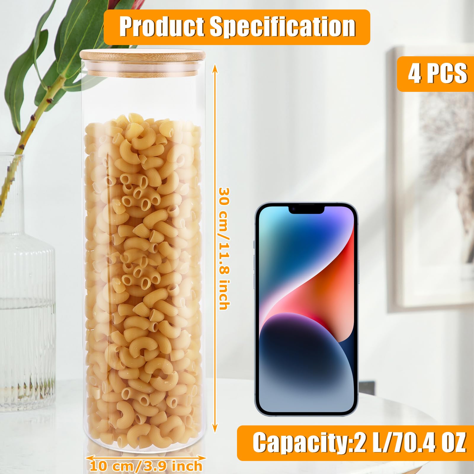 4 tarros de vidrio de 2 L, 10 x 300 mm con tapas de bambú, tarros de almacenamiento de cocina con tapas herméticas, recipientes redondos de almacenamiento de vidrio para frascos de especias,