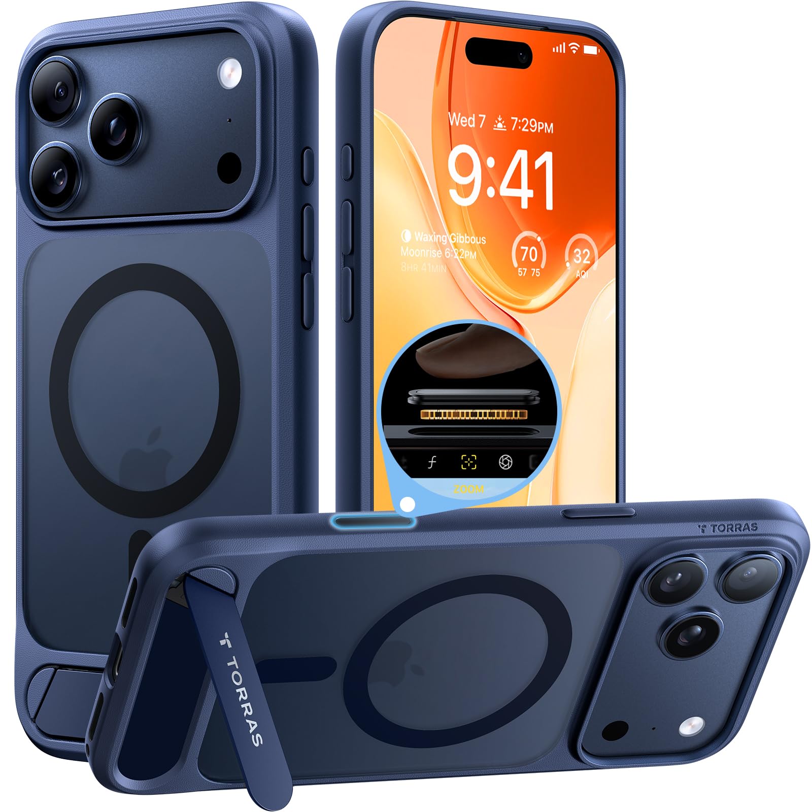 TORRAS Strong Magnetic & Seamless Stand for iPhone 17 Pro Max Case, Fit for MagSafe, Military Grade Drop Protection, Adjustable Kickstand Slim for iPhone 17 Pro Max Case Translucent Matte Deep Blue