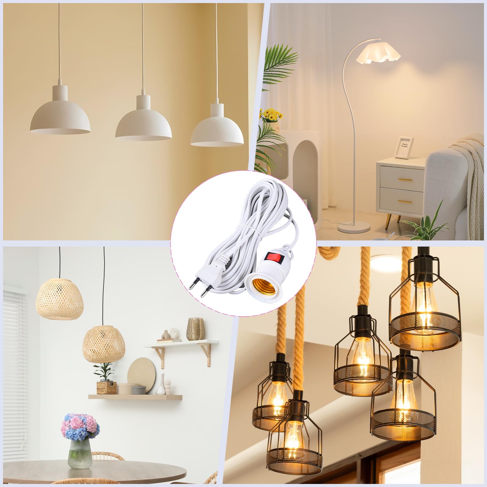 Vaskula 3 stuks lampfittingen E27 met kabel 4 m wit lampfitting met stekker en EU-schakelaar fitting E27 met kabel lampophanging voor slaapkamer balkon eetkamer DIY lampen