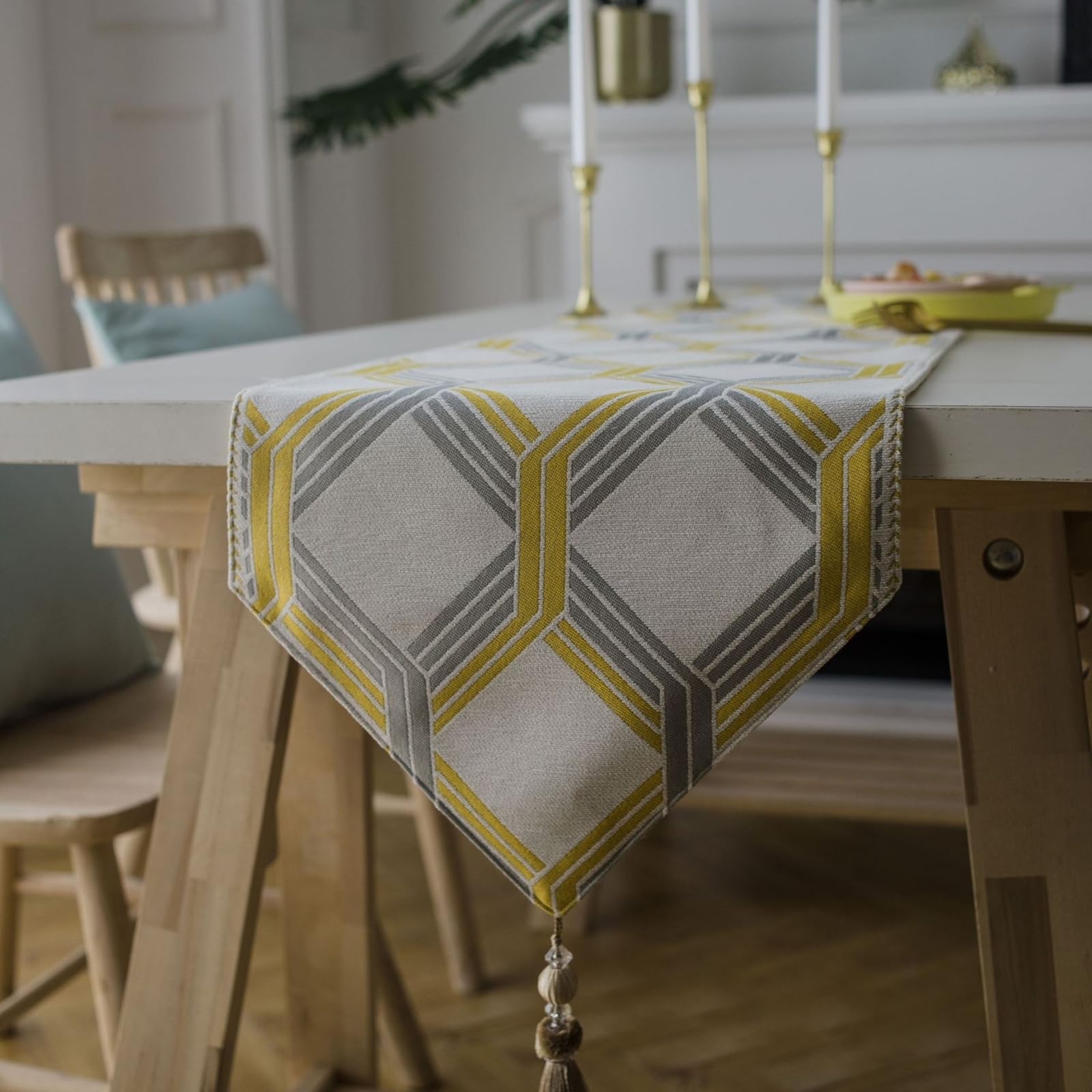 Tischläufer Polyester Landhausstil, Tischläufer Wohnzimmer 35x180 cm, Gestreifter Jacquard mit Quasten