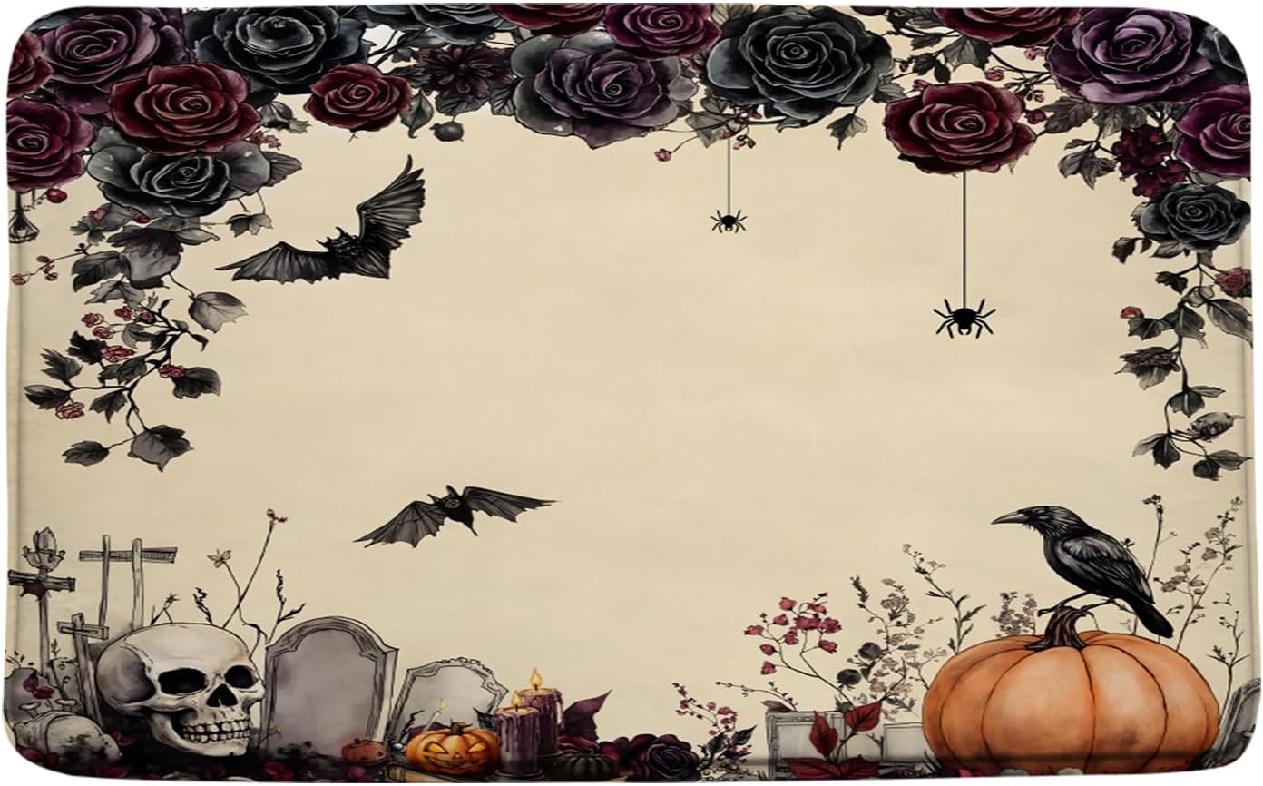 GCTNBJL Gothic Runner Bath Mat Skull Floral Pumpkin Crow Bat Spooky Halloween Brown Bathroom Kitchen Memory Foam Rug,24x71 Inch