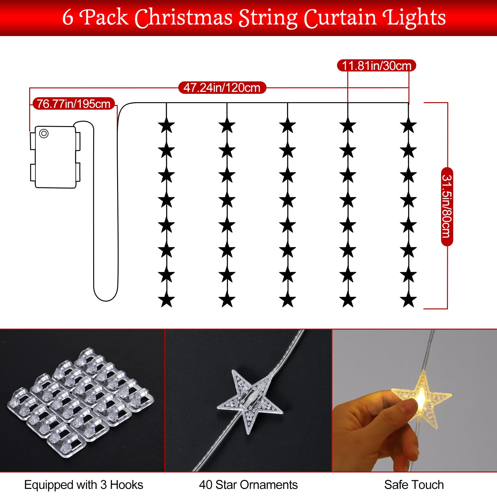 Lewondr 480 LED Stern Vorhang Lichter, 6 Stück Hängende Lichterkette mit 6H Timer & 8 Modi, Batterien Weihnachtsbeleuchtung String Lichter für Weihnachten Hochzeitsfeier Indoor Dekor, Warme Licht