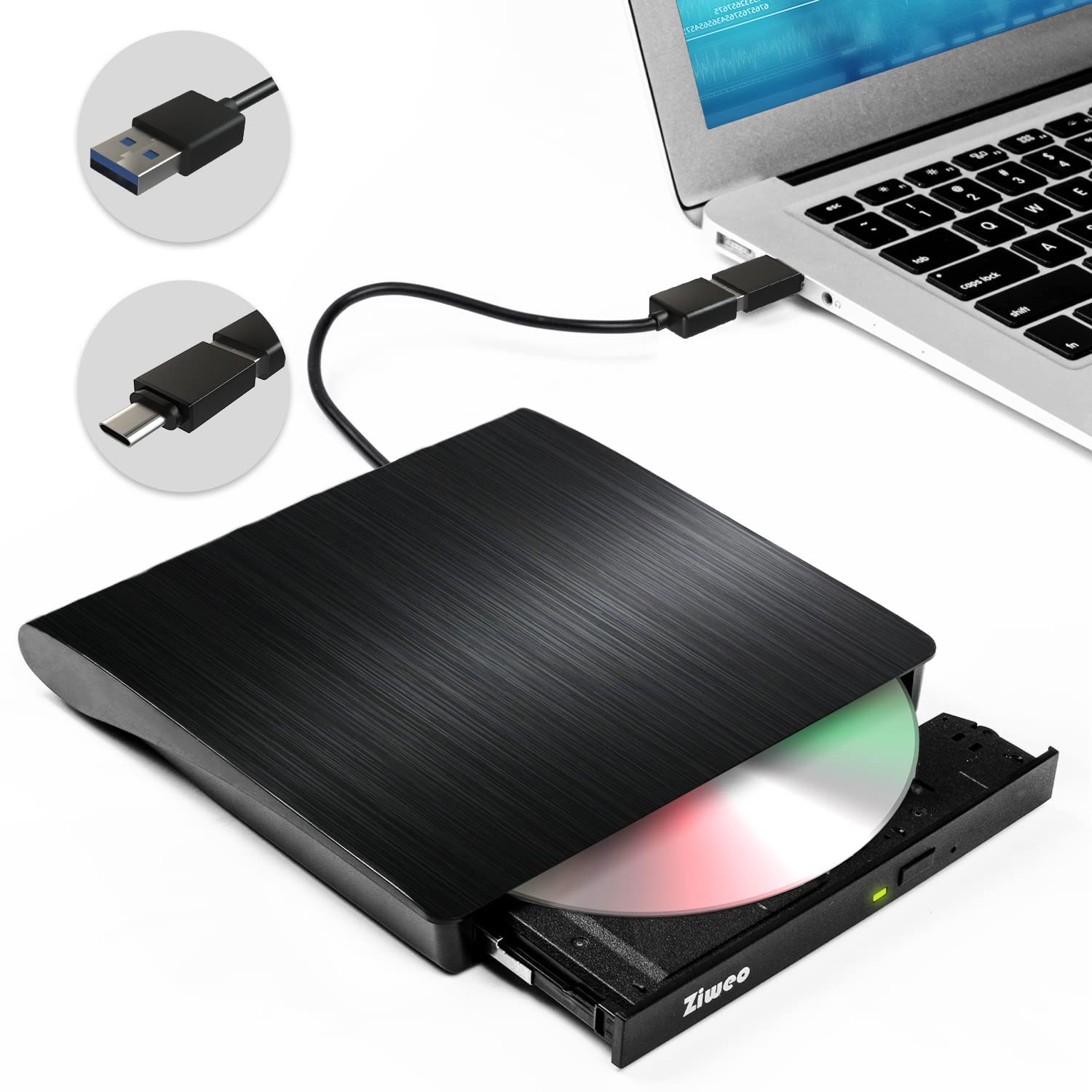 External USB 3.0 Type-C CD/DVD Drive, Portable CD/DVD Player & Burner, Compatible with Laptop, Desktop PC, Windows, MacBook, Linux, Mac OS