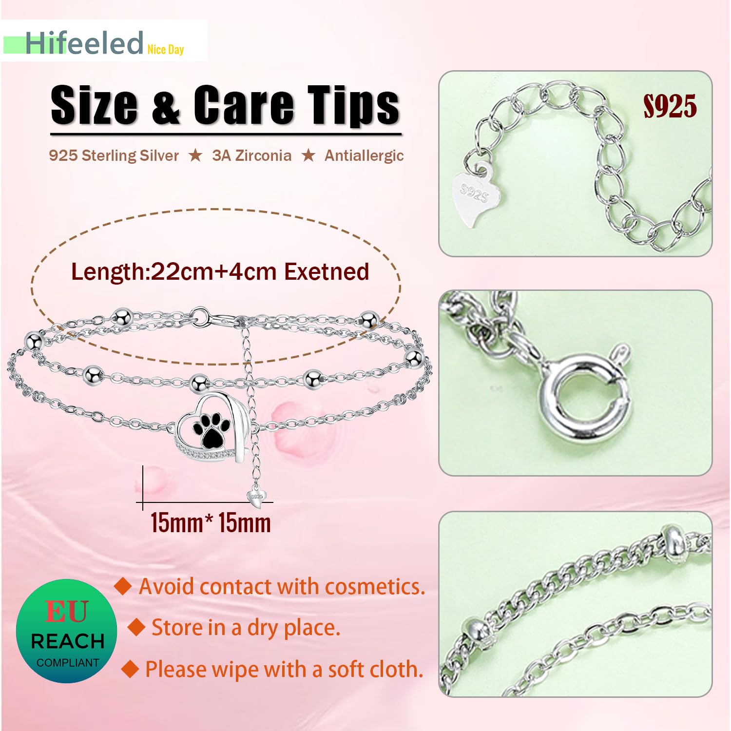 Bracelet de Cheville Femme Argent Sterling 925 Double Chaînes Été Pieds Nus Plage Chaînes de Cheville-Réglable 22+4cm