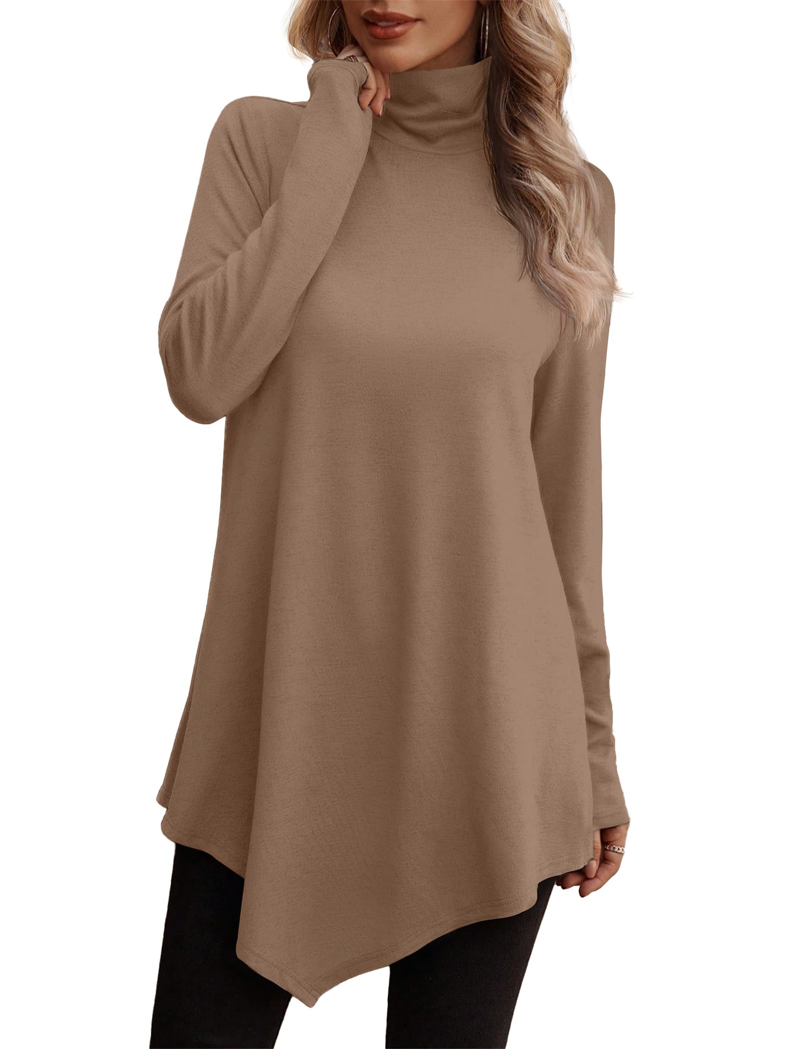 JUSTFASHIONNOW Turtle Neck Shirts for Women Long Sleeve Fall Tunic Tops