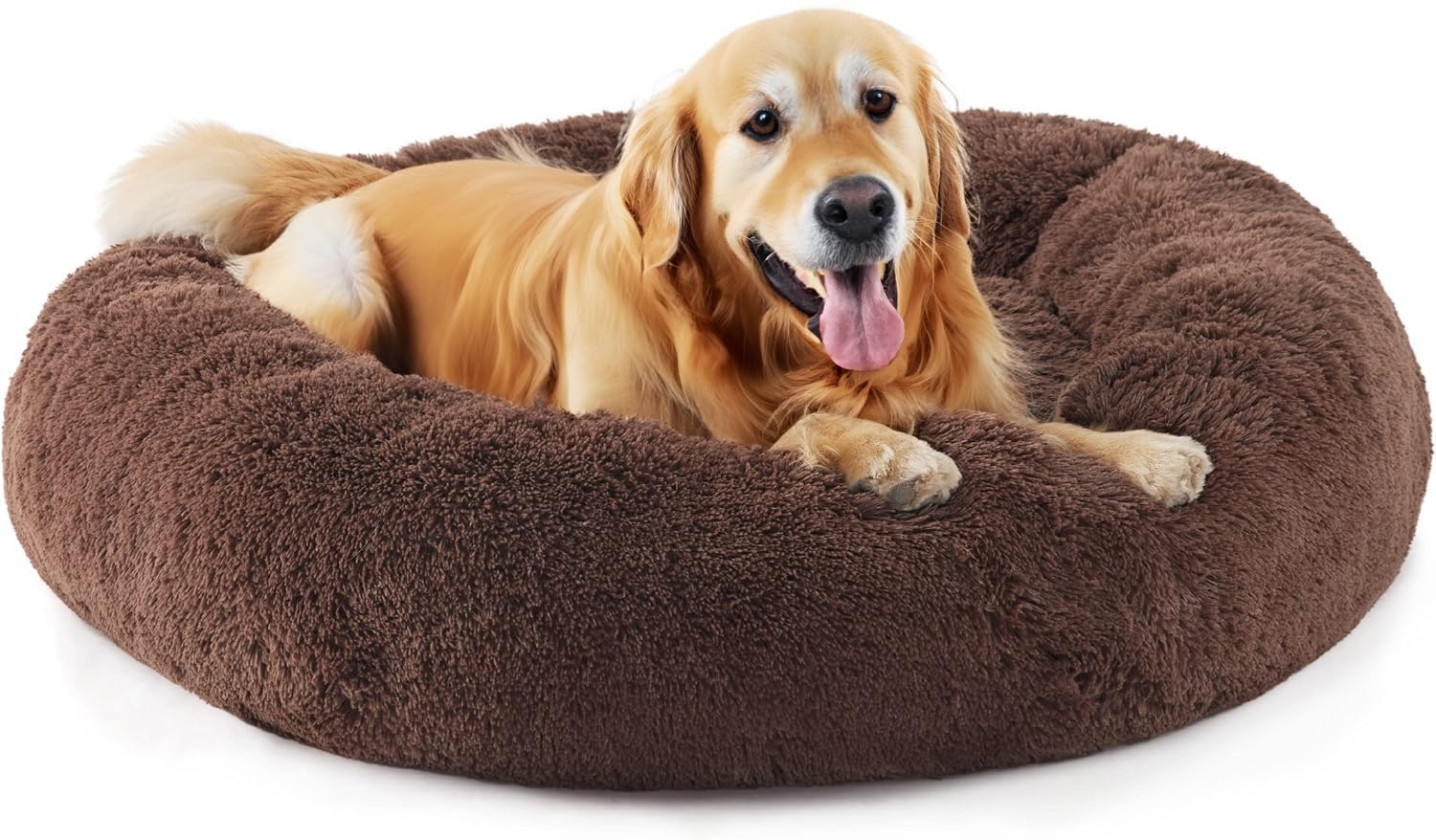 SEOUGEE Calming Donut Dog Bed, Fluffy Plush Round Cat Bed, Cosy Soft Washable Cushion Self-Warming Pet Beds with Non-Slip Bottom, Indoor Sleeping Cuddler Nest for Medium Large Dogs (Coffee 100cm)