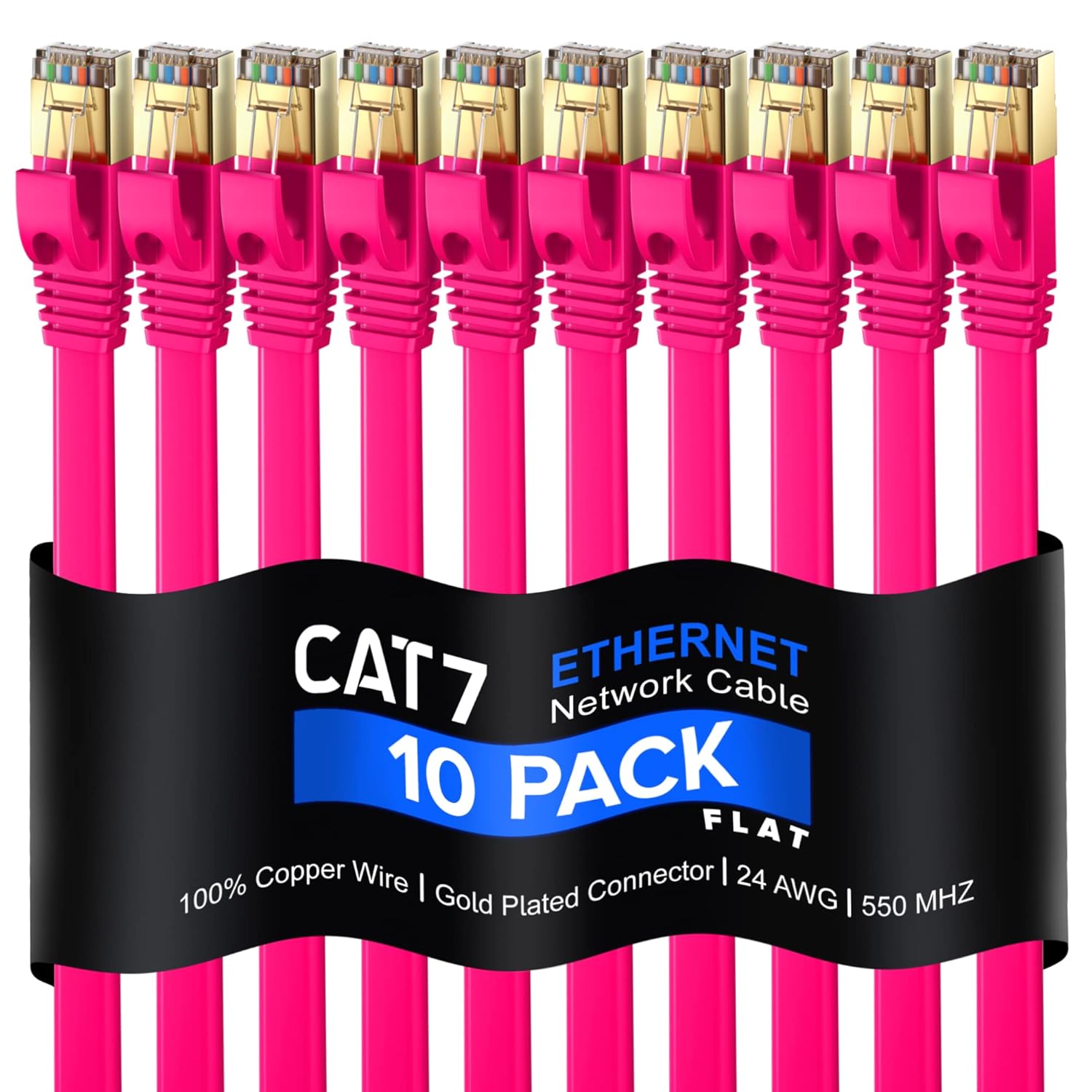 Maximm Cable CAT7 Flat Ethernet Cable, 10 Pack (Multicolor, 15ft) 10 Gbps, 600 MHz, Shielded RJ45 Gold Connectors Ultra-Thin Flexible Design for Home & Office Networking