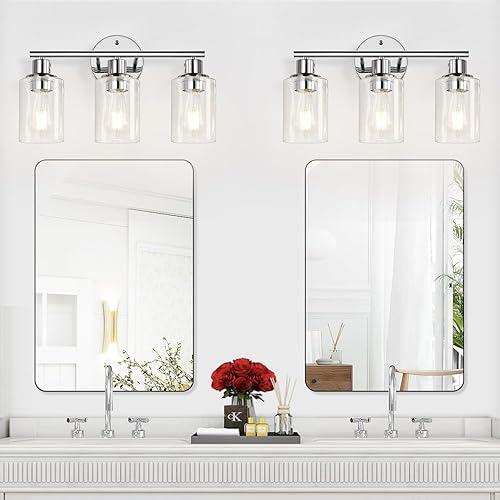 3-Light Bathroom Light Fixtures, 17.23" Black Modern Vanity Lights with Clear Glass Shade, Bathroom Wall Lamp for Mirror Kitchen Living Room Hallway Cabinet Porch(Chrome,3-Light)