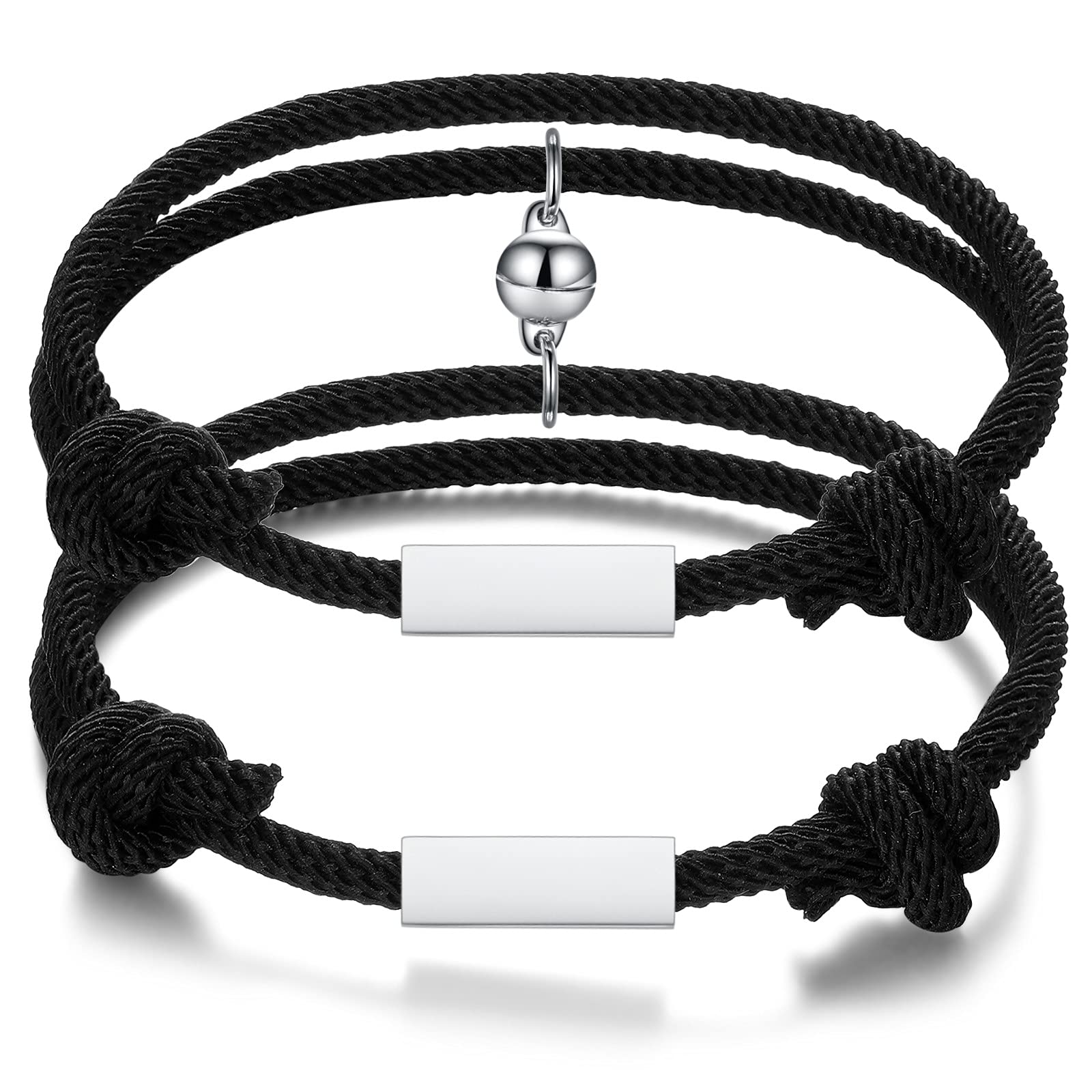 MAXZOOLMagnetic Bracelets for Couples | Custom Matching Bracelets for Couples with Magnetic Bell | Adjustable Connect Bracelet for Him and Her | Engraved Name Date Rope Braided Bracelets (Set of 2)