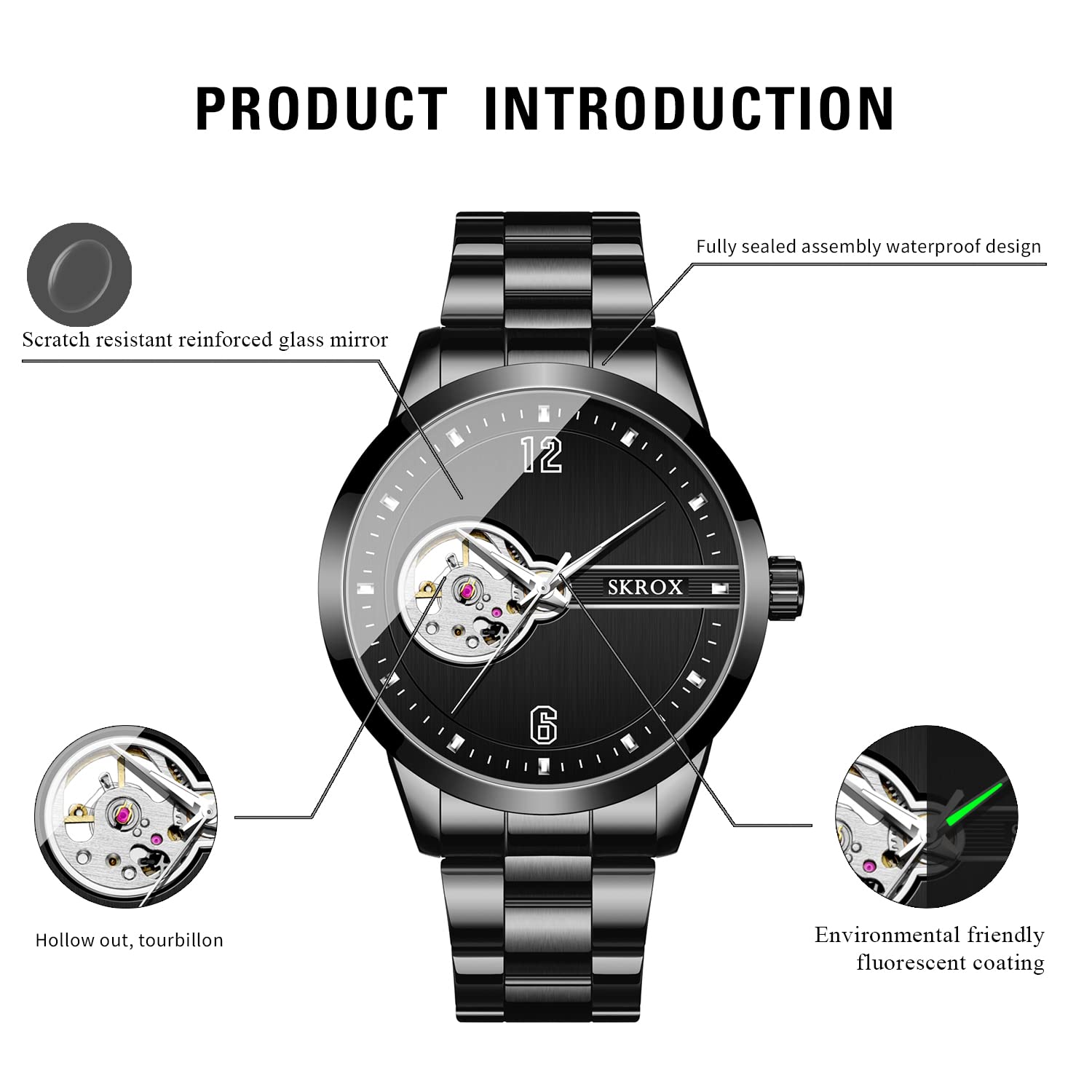FORSINING Mechanische Tourbillon-Armbanduhr für Herren, automatische Armbanduhr mit Edelstahl-Armband, 1-schwarz