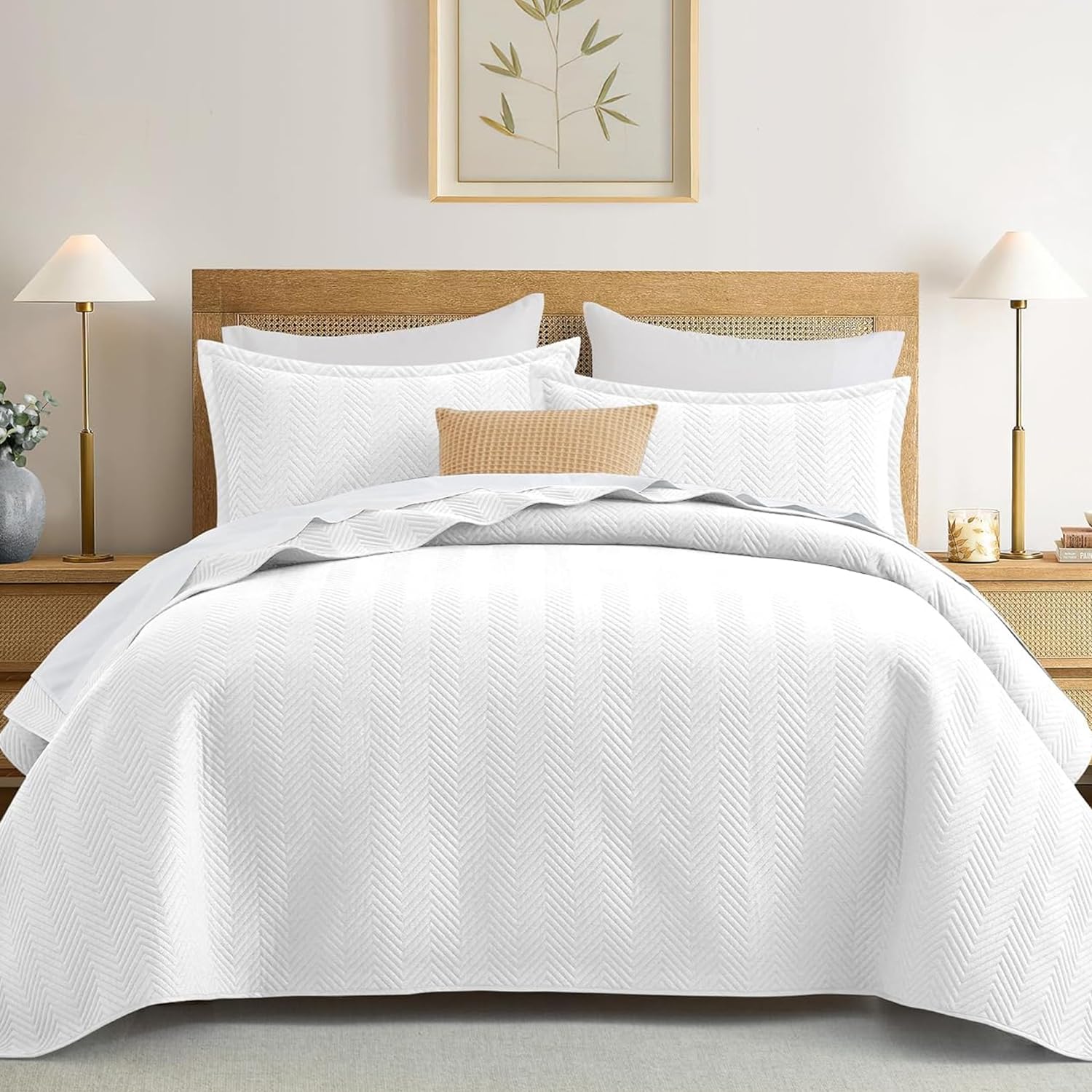 IR Imperial Rooms Quilts Queen Size Bedding Set White Bedspread Wave