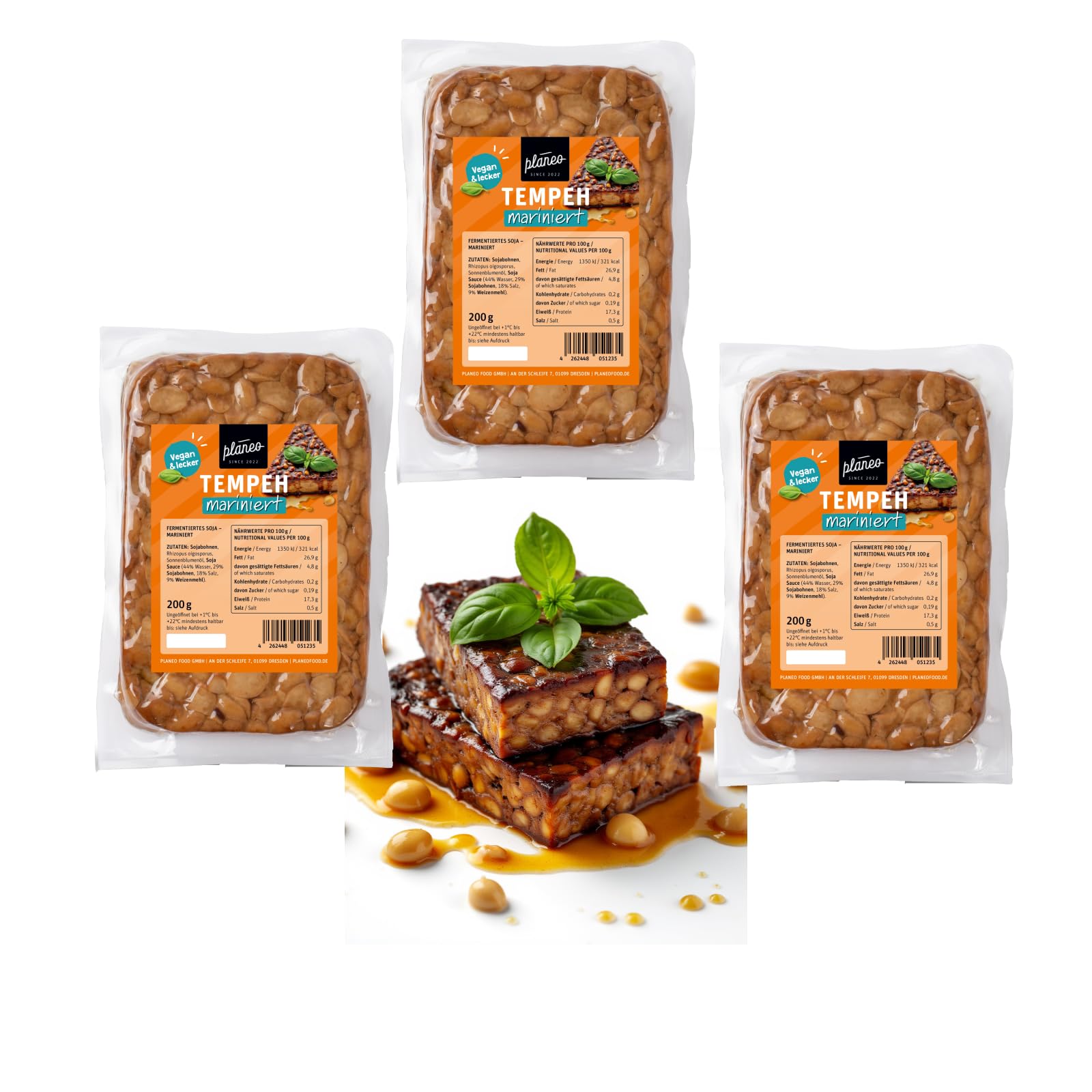 Planeo Tempeh Marninert 3x200g - Beste Qualität - Lange, ungekühlt haltbar - fein gewürzt - Soja aus der EU - Planeo (3 x 200g)