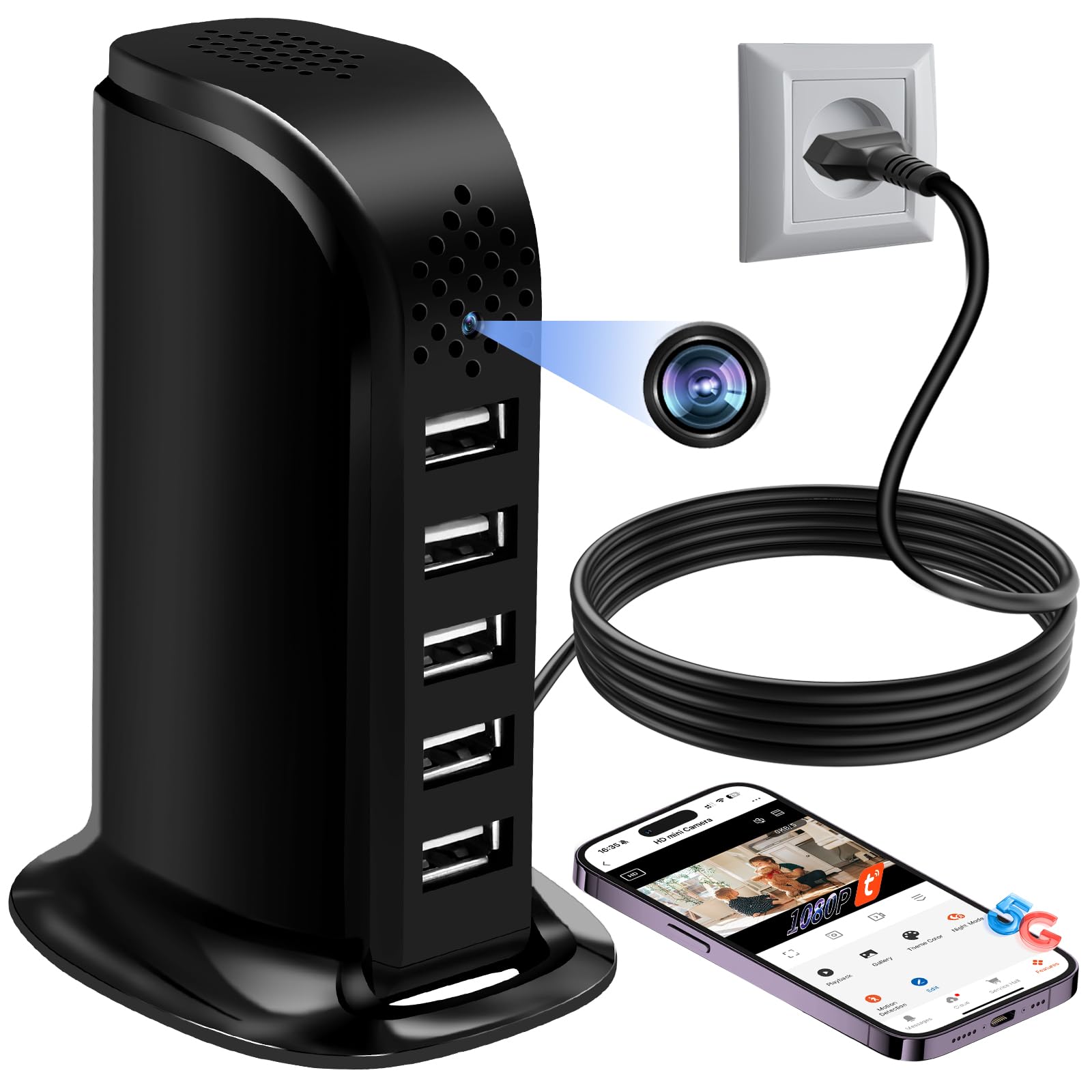 Cámara Espía Oculta 5G WiFi, Mini Camaras Espias Hub de Carga 1080P HD | Micro Camera Espia Camuflada de Vigilancia Detección de Movimiento, Diseño Discreto Invisible,Seguridad en Hogar Oficin
