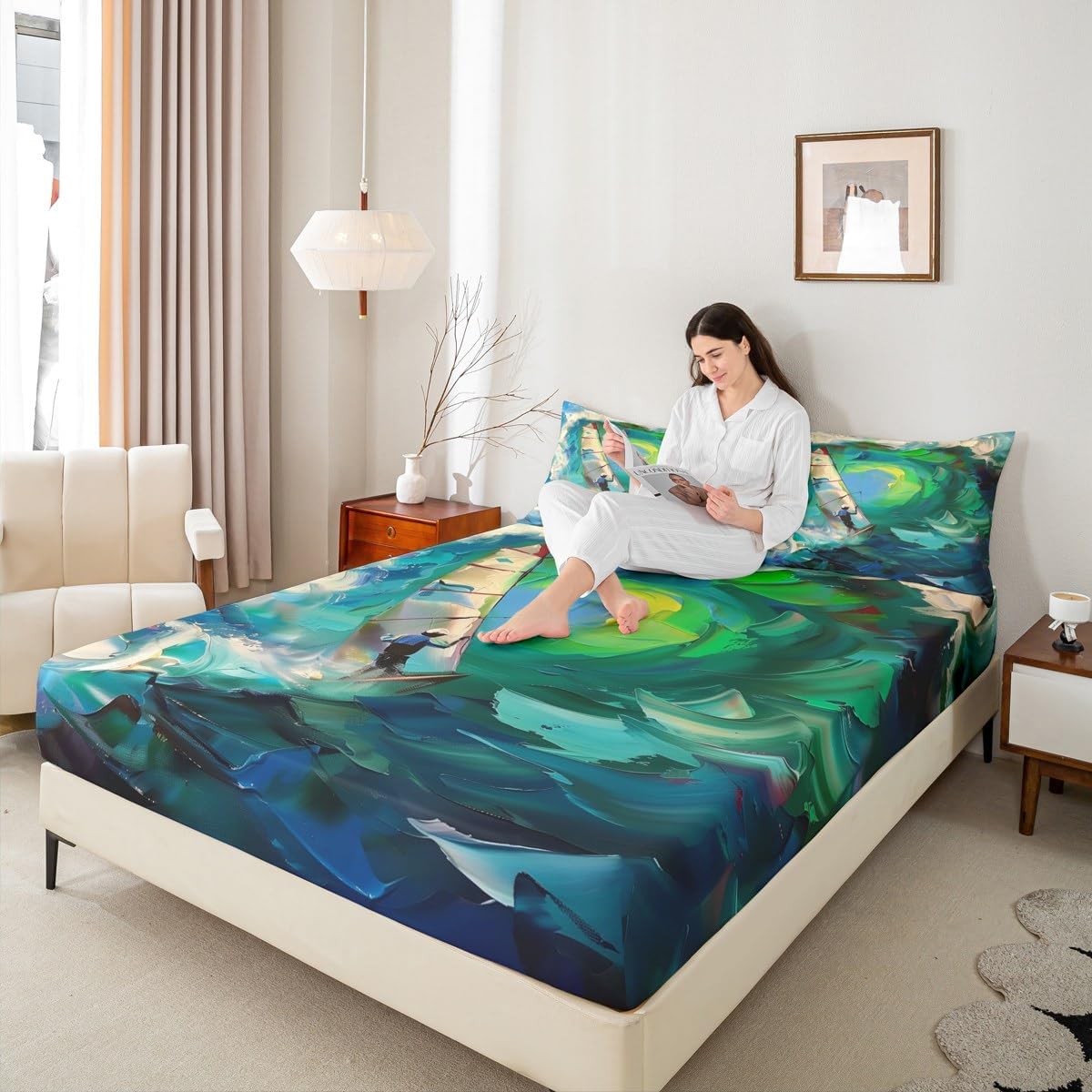 Erosebridal Windsurfing Sport Fitted Sheet Queen Size, Oil Painting Surfboard Bed Sheets for Kids Boys Girls, Sea Waves Microfiber Bed Cover for Bedroom, Marine Sports Bedding Sheets & Pillowcases