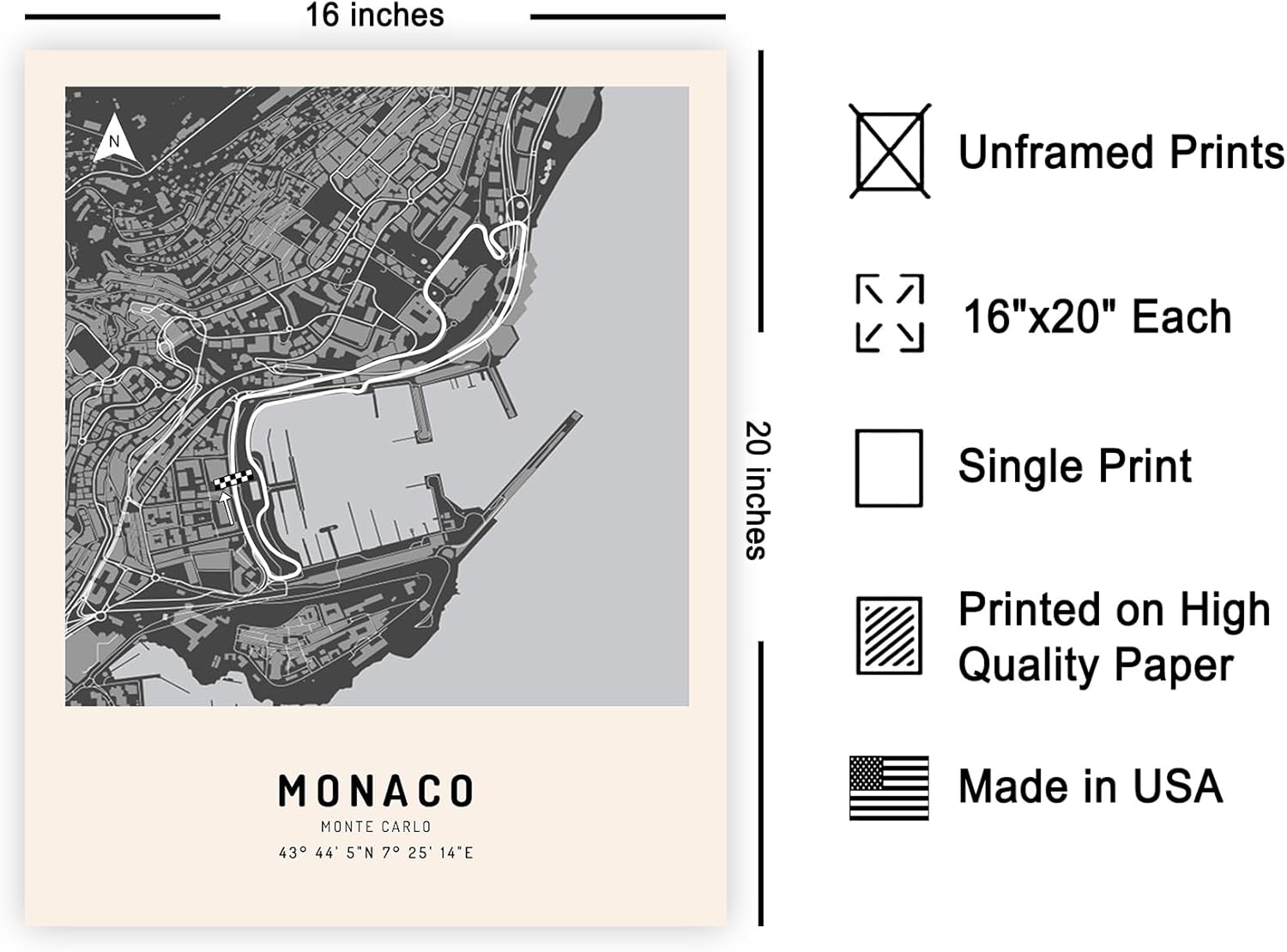 Poster Master Monaco Race Track Poster - Monaco GP Print - Monte Carlo Art - Car Racing Art - Gift for Men, Women & Car Enthusiast - Great Decor for Office, Dorm or Garage - 16x20 UNFRAMED Wall Art