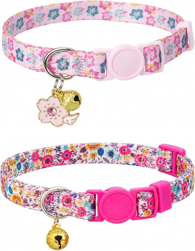 Coleira para Gatos com Fivela de Segurança, Nylon Estampado Ajustável com Guizo SOLMOONY Rosa com Flores, Pacote com 2