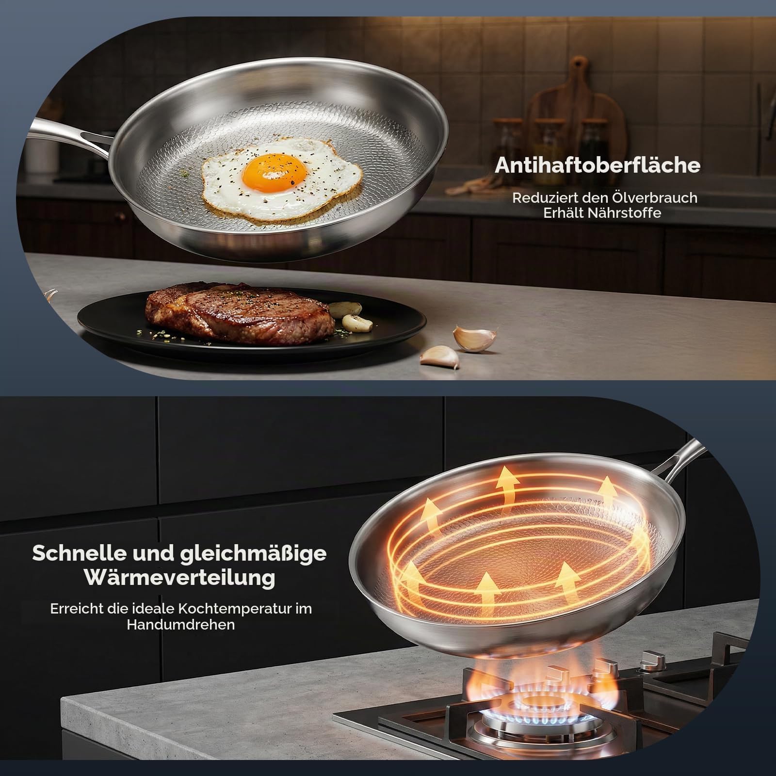 Bratpfanne 30 cm Antihaft Wabenpfanne mit Deckel & Holzpfannenwender, Titan-Pfanne Edelstahl-Induktionsboden, für alle Herdarten geeignet, ofen- und spülmaschinenfest, PFOA frei