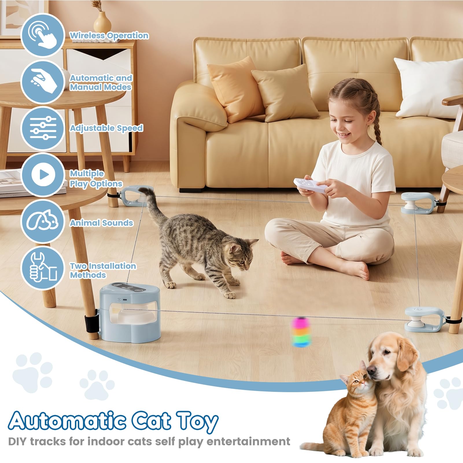 Automatisches Katzenspielzeug Laufrad mit Fernbedienung, Einstellbare Geschwindigkeit Katzenlaufband Indoor Activity Spielzeug, Interaktives Jagdspielzeug mit Timer und DIY Tracks für Indoor Katzen
