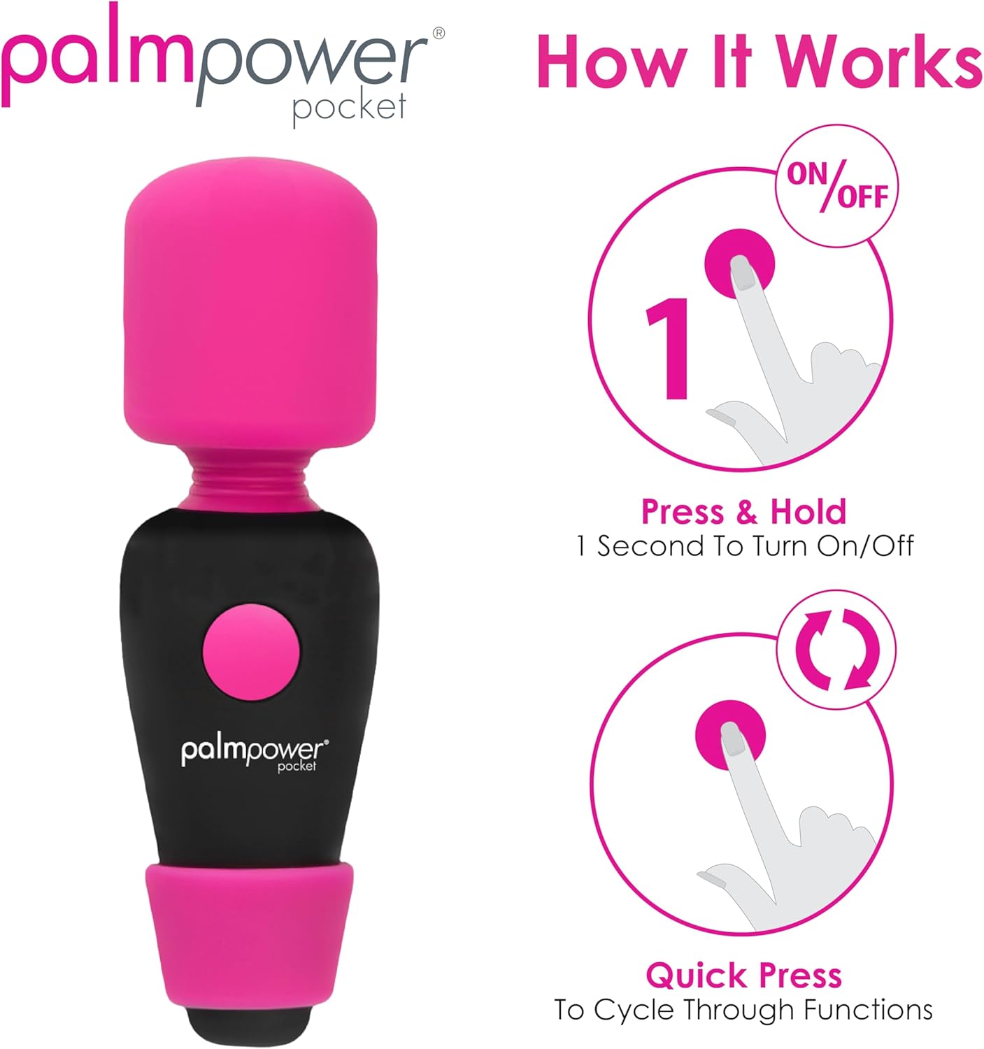 PalmPower Pocket Mini Vibrator, Compact Cordless Massager with Comfy Cuff, Multi-Speed & Patterns, USB Rechargeable, PowerBullet Motor, Travel-Friendly Personal Massager for Women