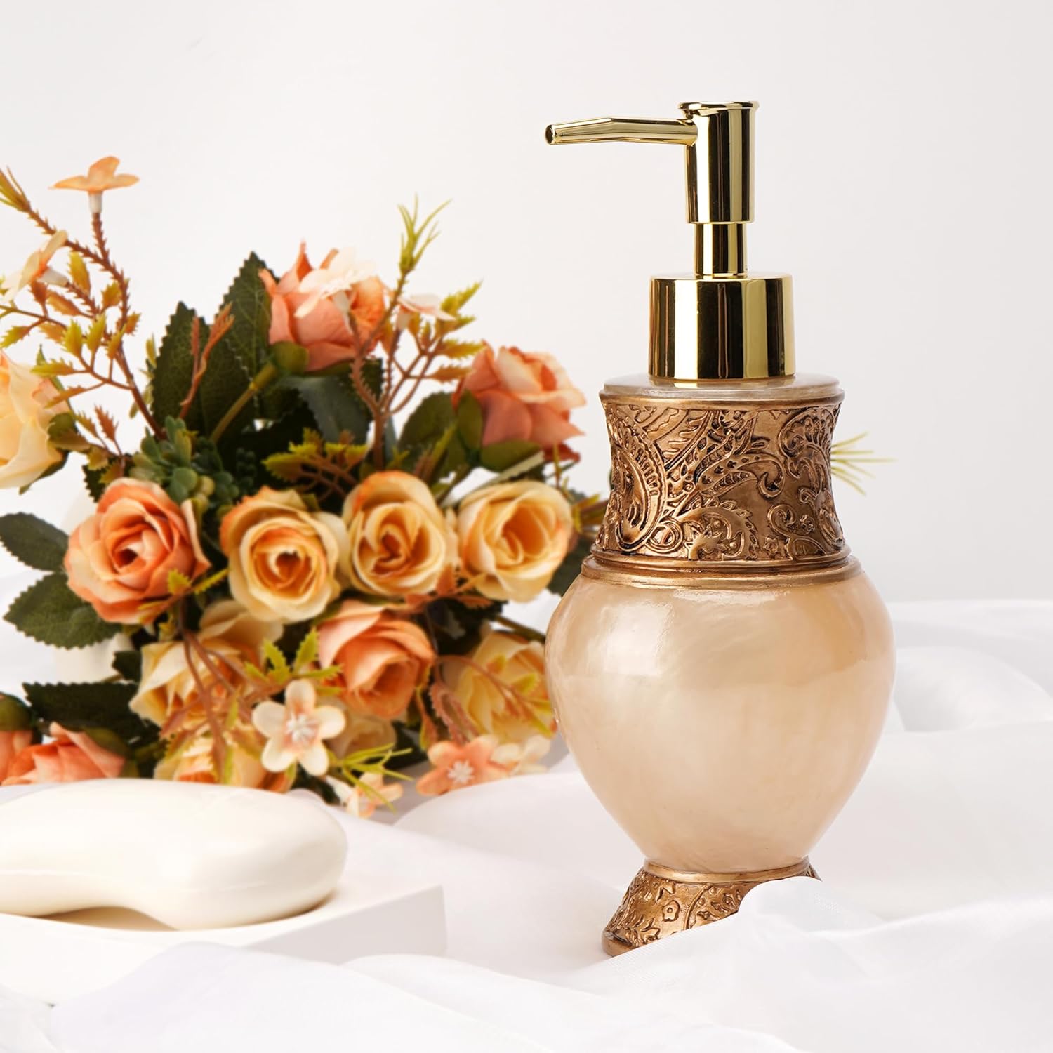 Resin Soap Dispenser, 260 ML Refillable Decorative Soap Bottle with Vintage Embossed Details and Gold Pump, Elegant Antique Style for Sink, Vanity or Bathroom Countertop (Gold) - Image 6