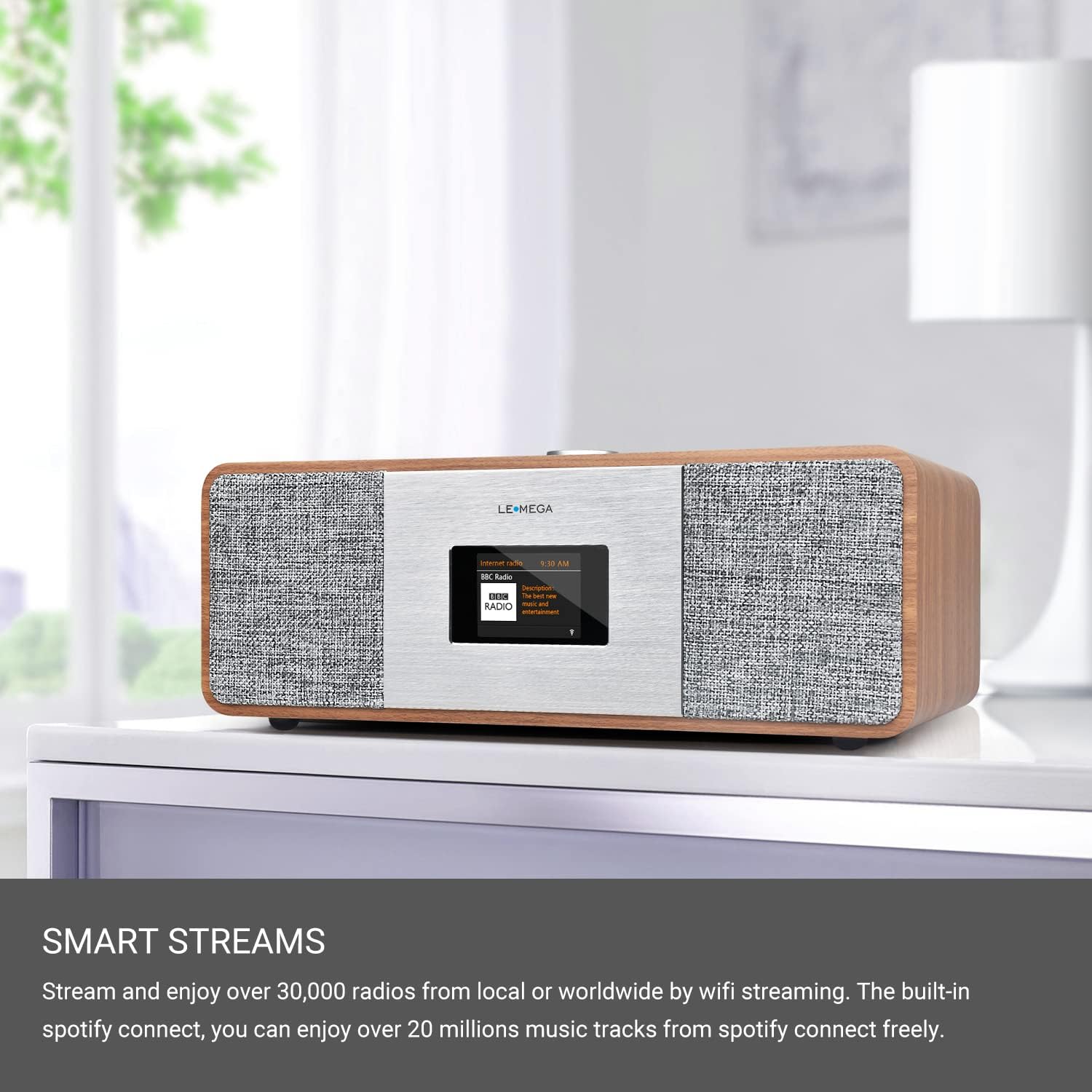 Lemega MSY3+ WiFi Internet Radio,FM Radio,Spotify Connect,Bluetooth Speaker,Stereo Sound,Wooden Box, Dual Alarms Clock,40 Pre-Sets,Full Remote and OKTIV App Control - Dark Walnut