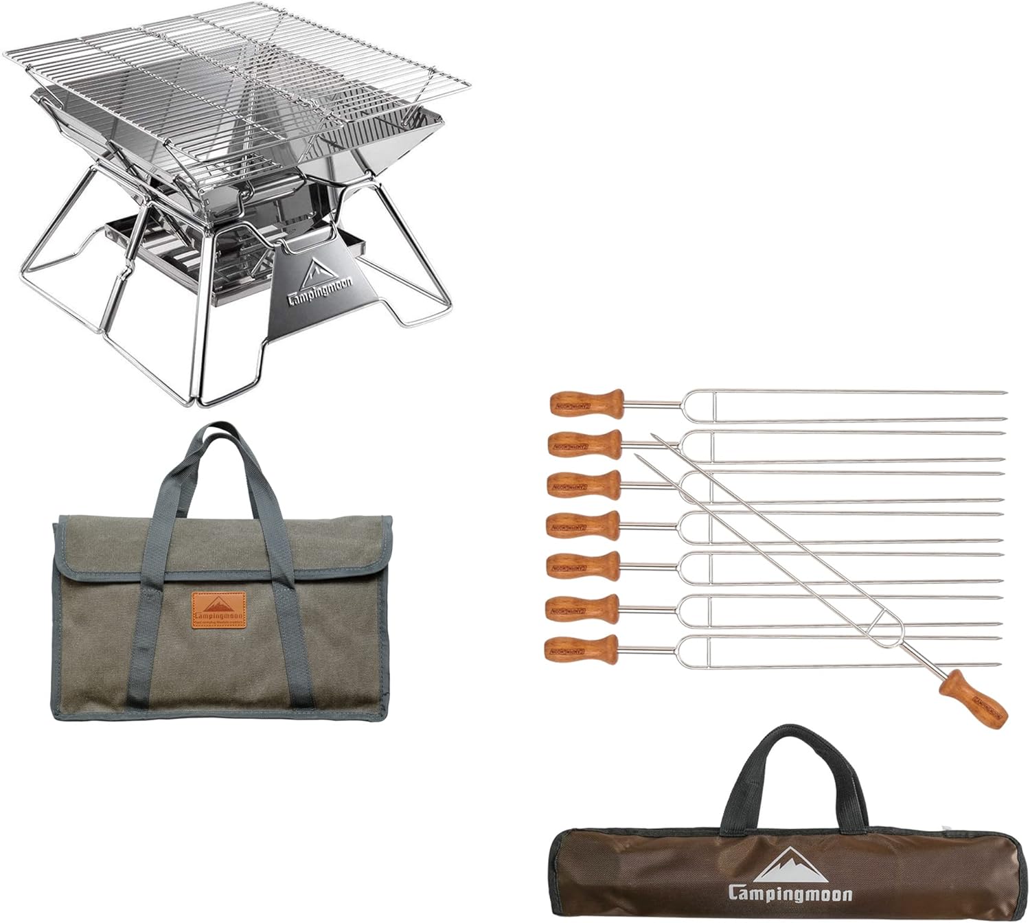 CAMPINGMOON Stainless Steel Portable Camping Grill & 8pcs of 13.8-inch Long Double Prong BBQ Skewers MT-2+MK-8
