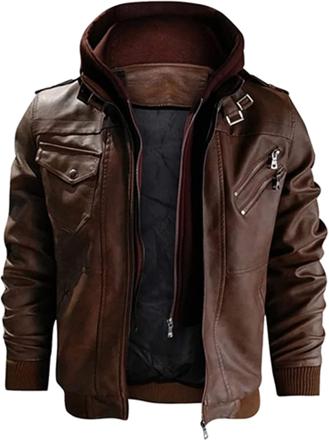 Men's Vintage Motorcycle Biker PU Faux Leather Jacket Removable Hooded Outwear