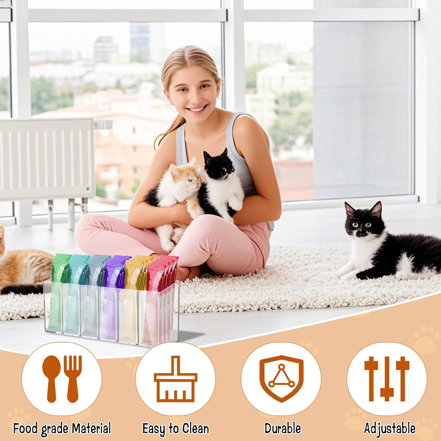 2 Pack Lickable Cat Treats Organizer, Wall Mount Countertop Acrylic Cat Treats Storage Container with Adhesive Stickers, Wet Cat Treats Holder for Kitchen Cabinet Pantry Shelf