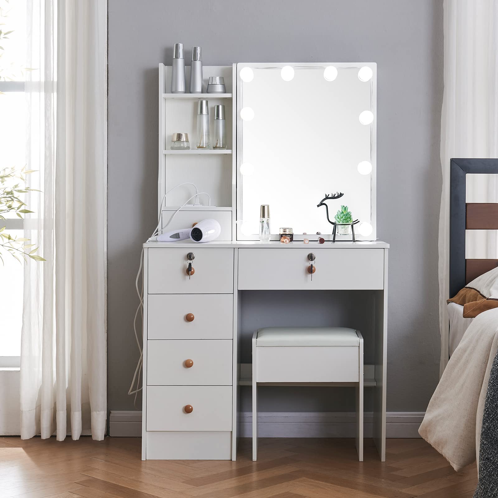 Jarbalai Vanity Desk Set with USB Outlet, Makeup Vanity Table with 10 LED Lighted Mirror, Dressing Table Desk with 5 Drawers, White Modern Vanity Set Dresser for Bedroom