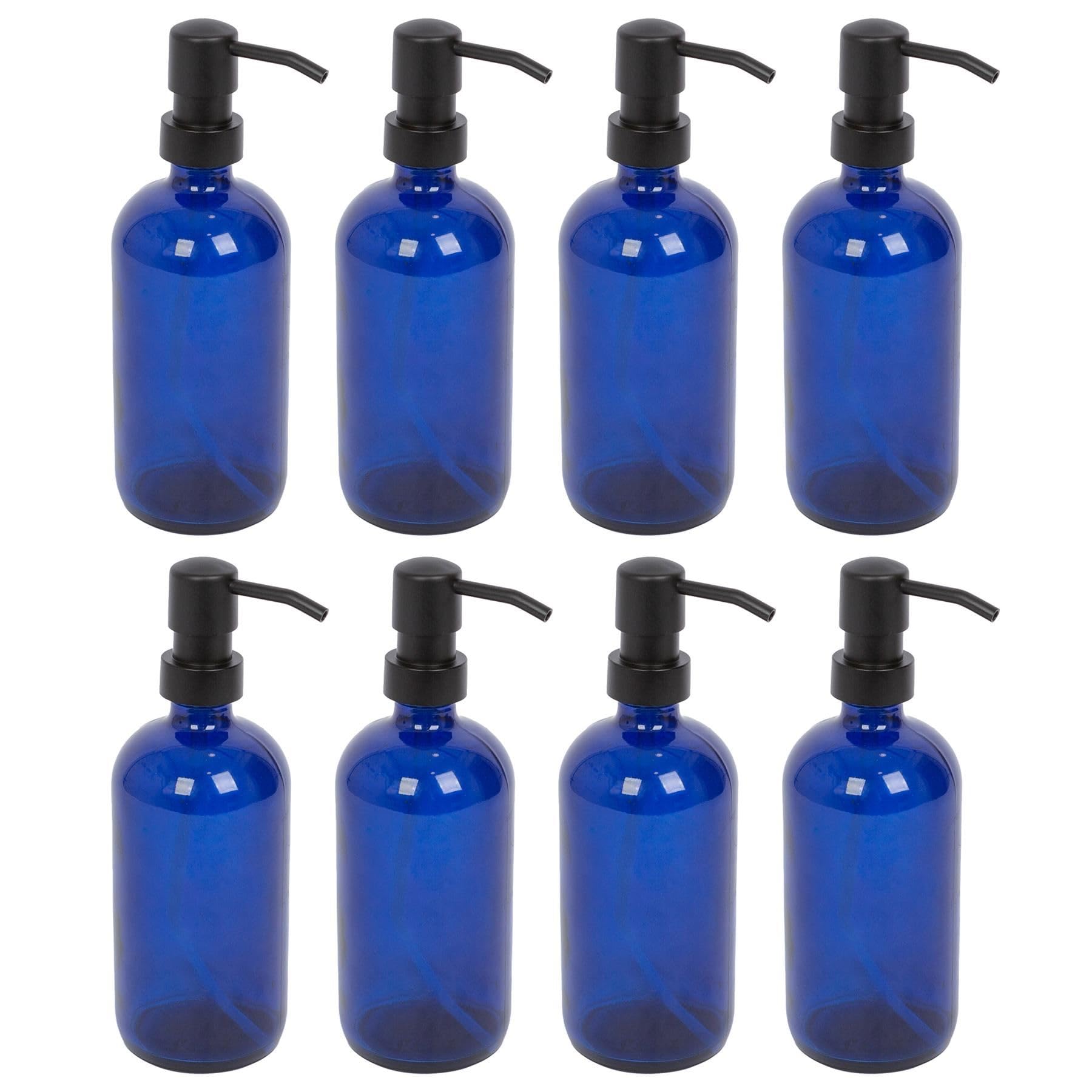 Harbour Housewares Blue Glass Soap Dispensers Pack of 8-500ml Refillable Bottles with Black Pumps - Bathroom and Kitchen Accessories for Hand Wash, Lotion or Washing Up Liquid