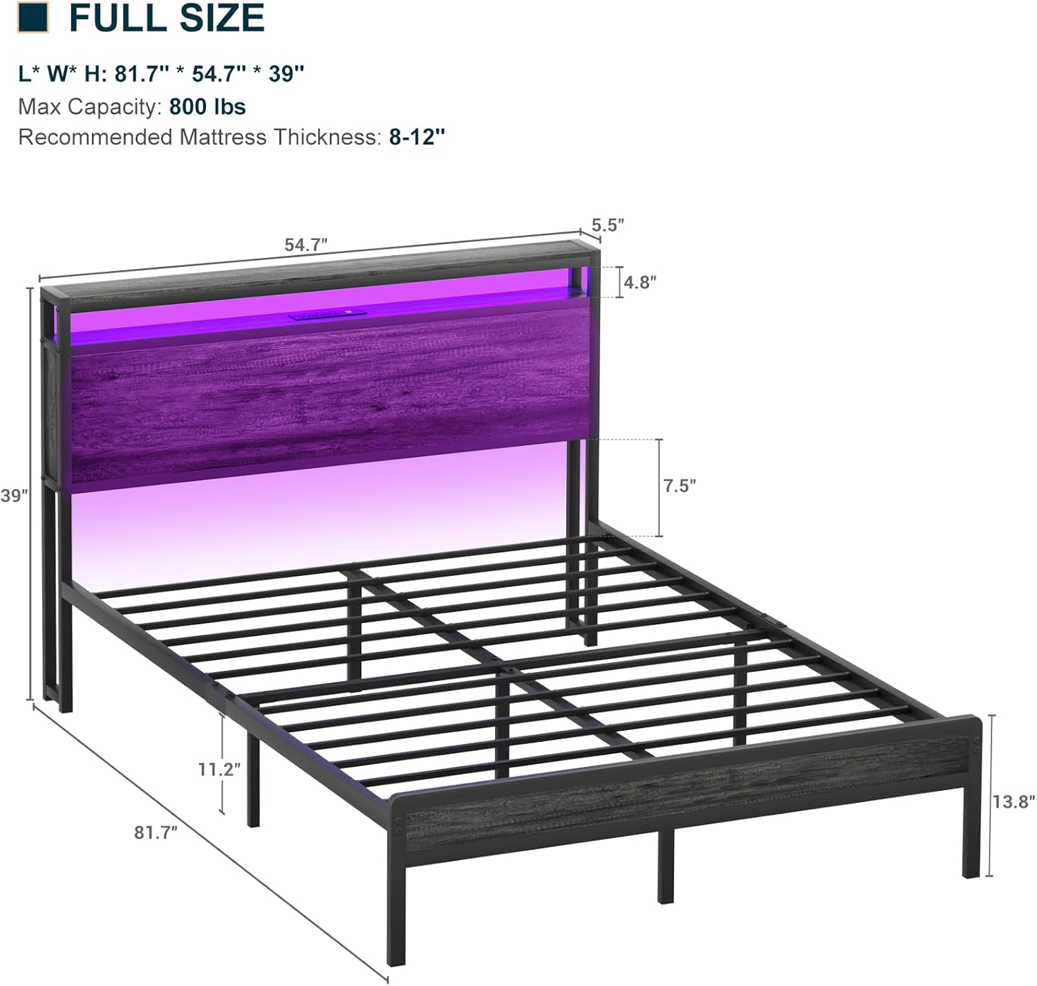 Homieasy Full Size Bed Frame with Headboard, Industrial Metal Full Bed Frame with Charging Station & LED Lights, Noise-Free Platform Bed, No Box Spring Needed, Black Oak