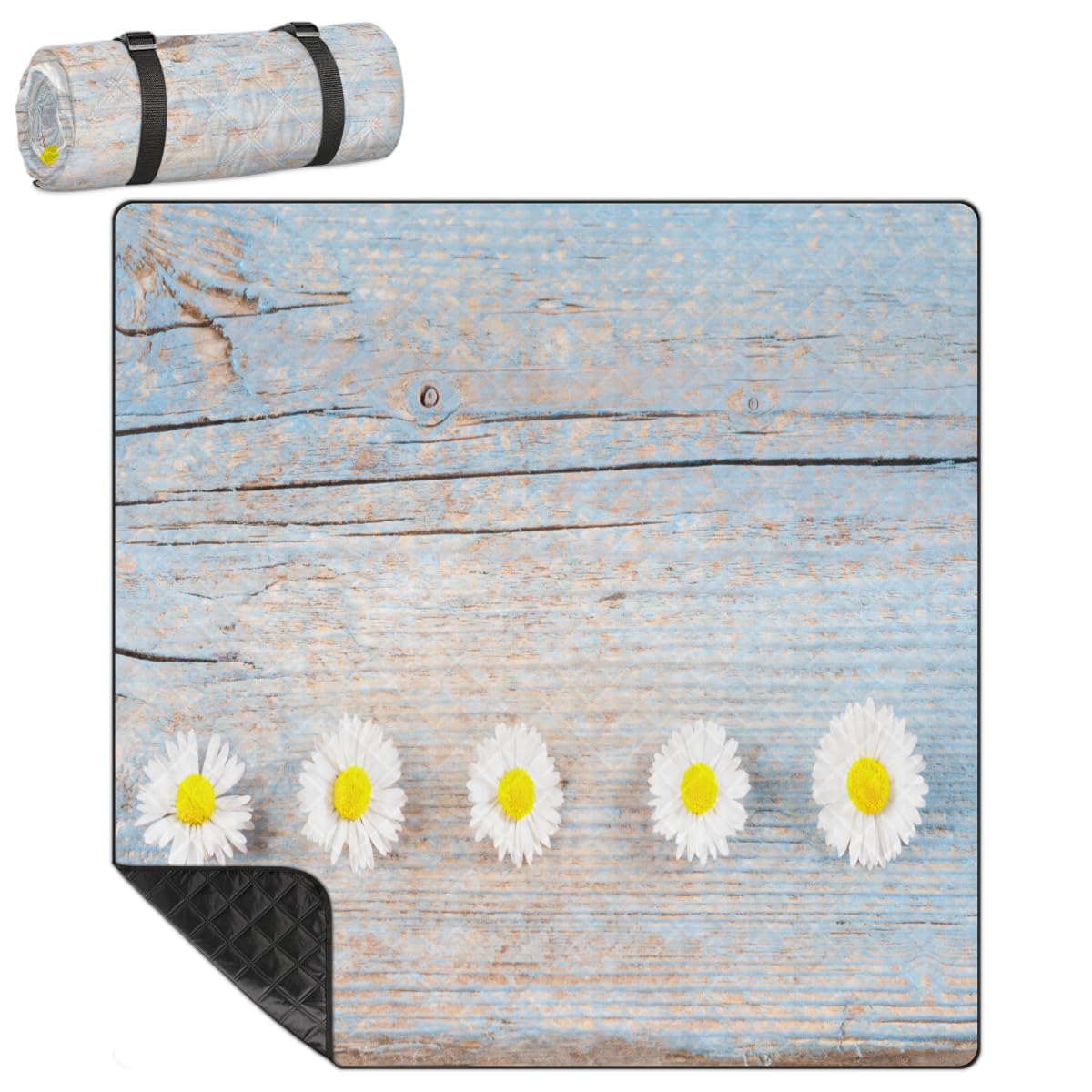 Shimoshe Extra Large Picnic Blankets 79”x 79”, Wooden Board Floral Daisy Waterproof Foldable Picnic Mat with Straps Portable Beach Blanket for Camping Park Grass Beach Indoor