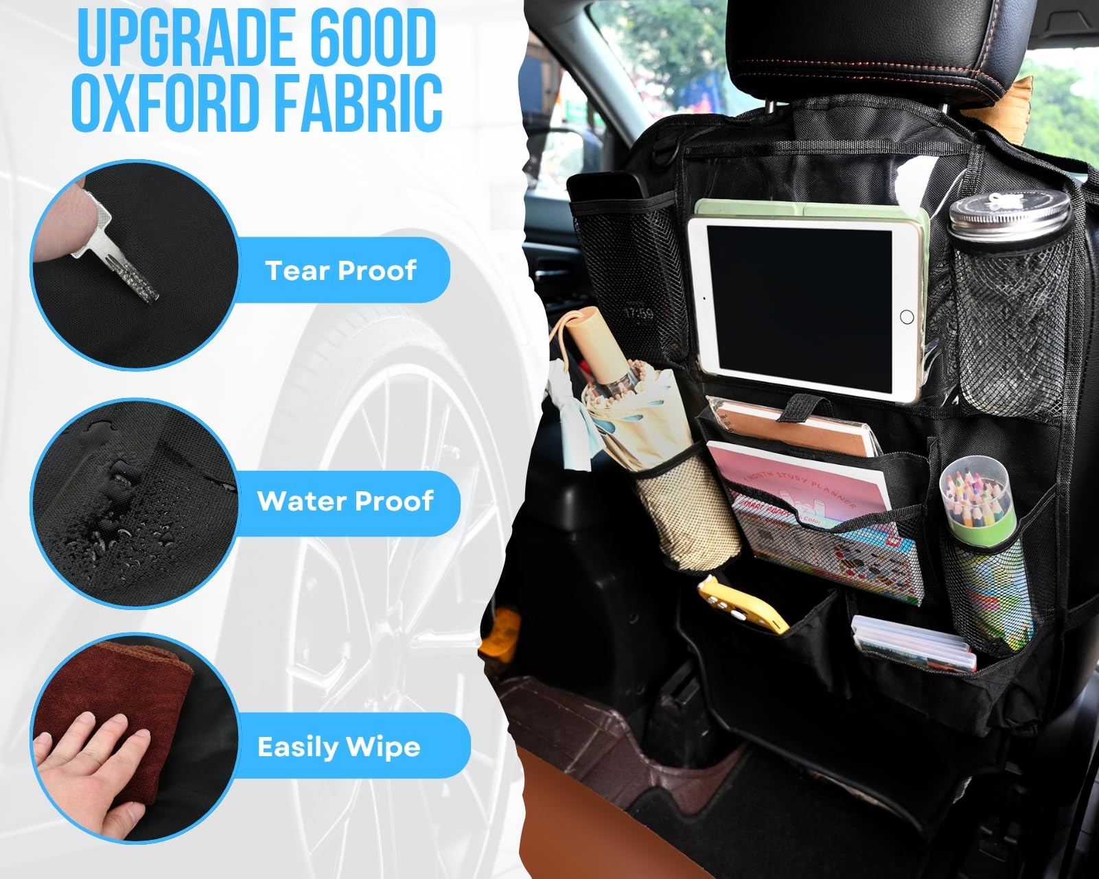 ds. distinctive style Car Backseat Organizer Back Seat Storage With Touch Screen Tablet Sleeve 9 Pockets Kick Mats Water Resistant Travel Organizer For Daily Travel 2 Pack Black - Image 2