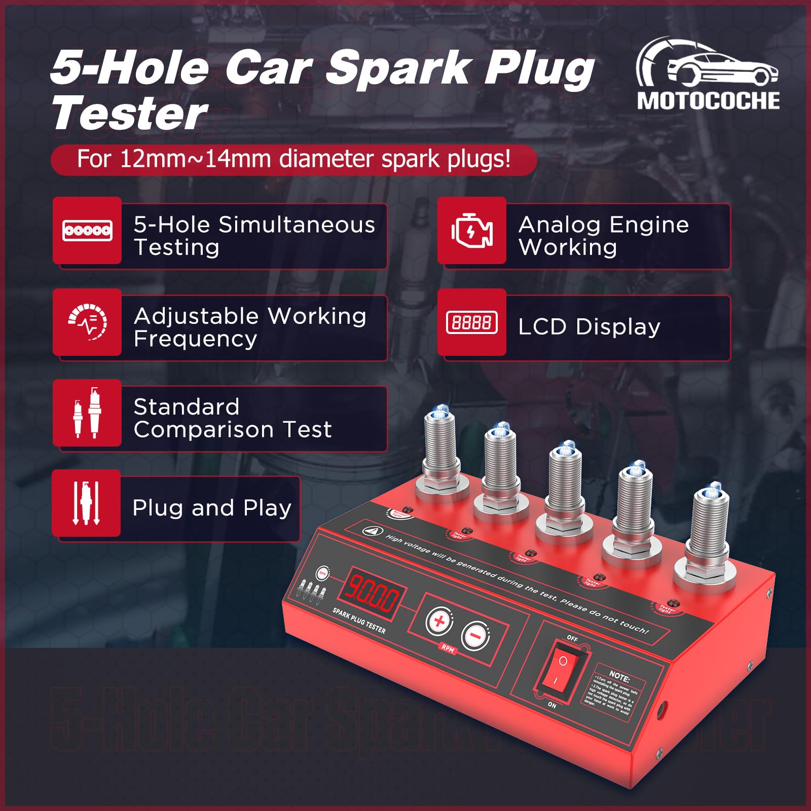 220V Comprobador de Bujías Coche - MOTOCOCHE Comprobador Bujías Cinco Orificios con Pantalla LCD para 12V Vehículos Gasolina, Frecuencia Ajustable 0-9000rpm, Herramienta Diagnóstico Bujías 12~14mm