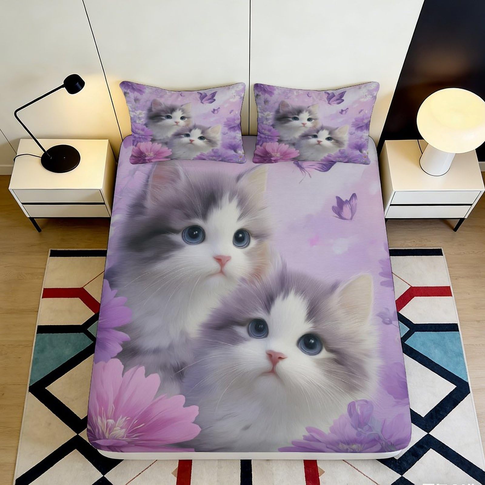 3D Printed Cute Kitten Fitted Sheet Microfiber Soft Purple Floral 3D Printed Cat Mattress Cover for Bedroom Dormitory Guest Room Protection 180x200x25cm