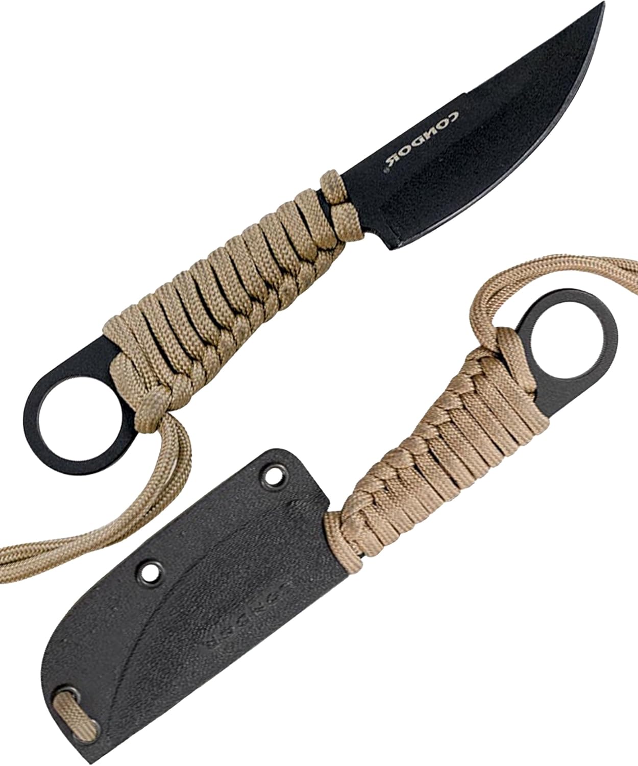 Condor Tool & Knife Kickback Knife | Pocket Sized 1075 High Carbon Steel Full Tang Knife with Kydex and Paracord Sheath | EDC Fixed Blade Knife with a Wrapped Paracord Handle | 2.8in Blade | 2.8oz