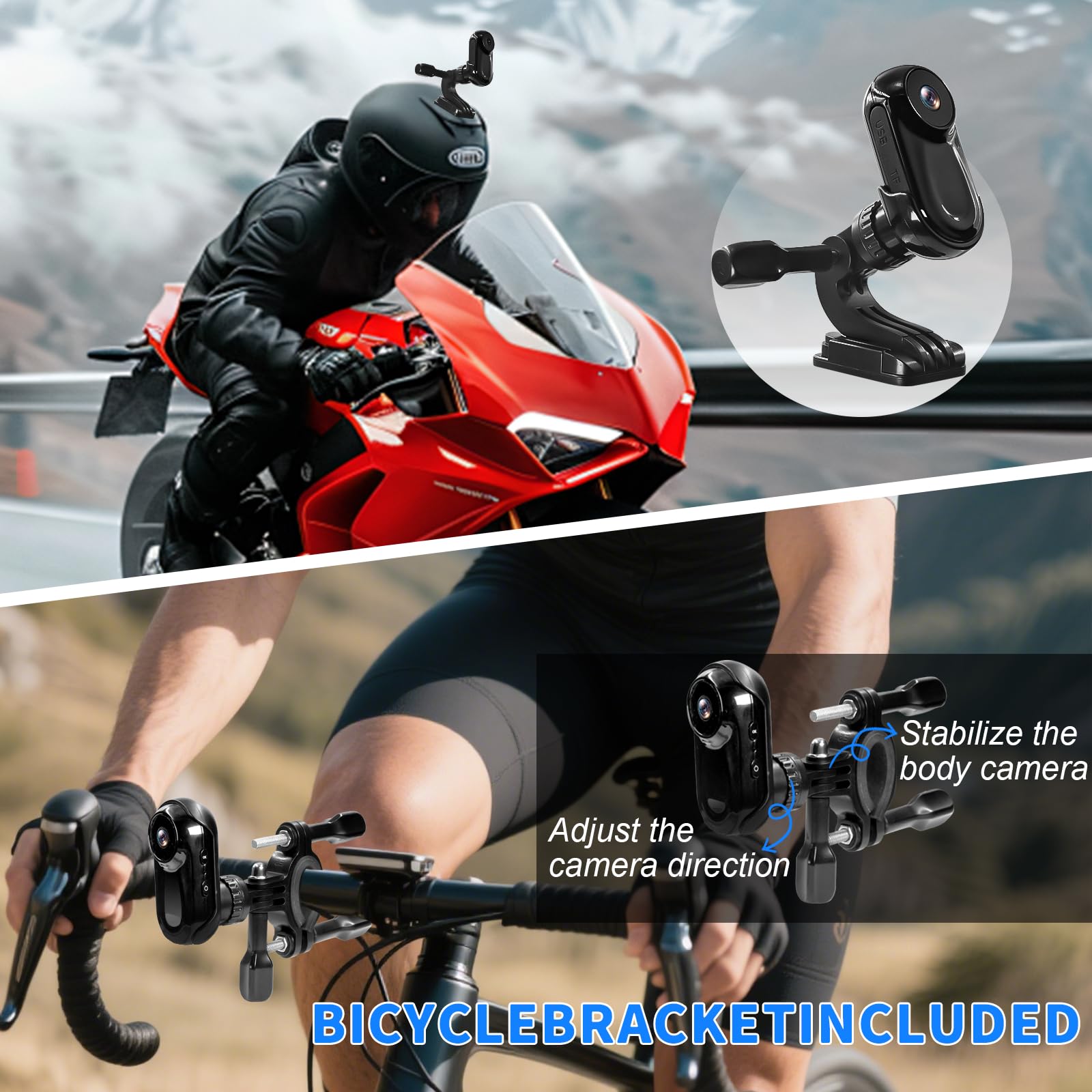 Mini Camera, Clip Rotatif 360°Camera Pieton, Vidéo et Audio HD 1080P Caméra d'action, Body Cam avec Accessoires Multifonctions Motos, Vélos et Casques Caméra Corporelle Portable