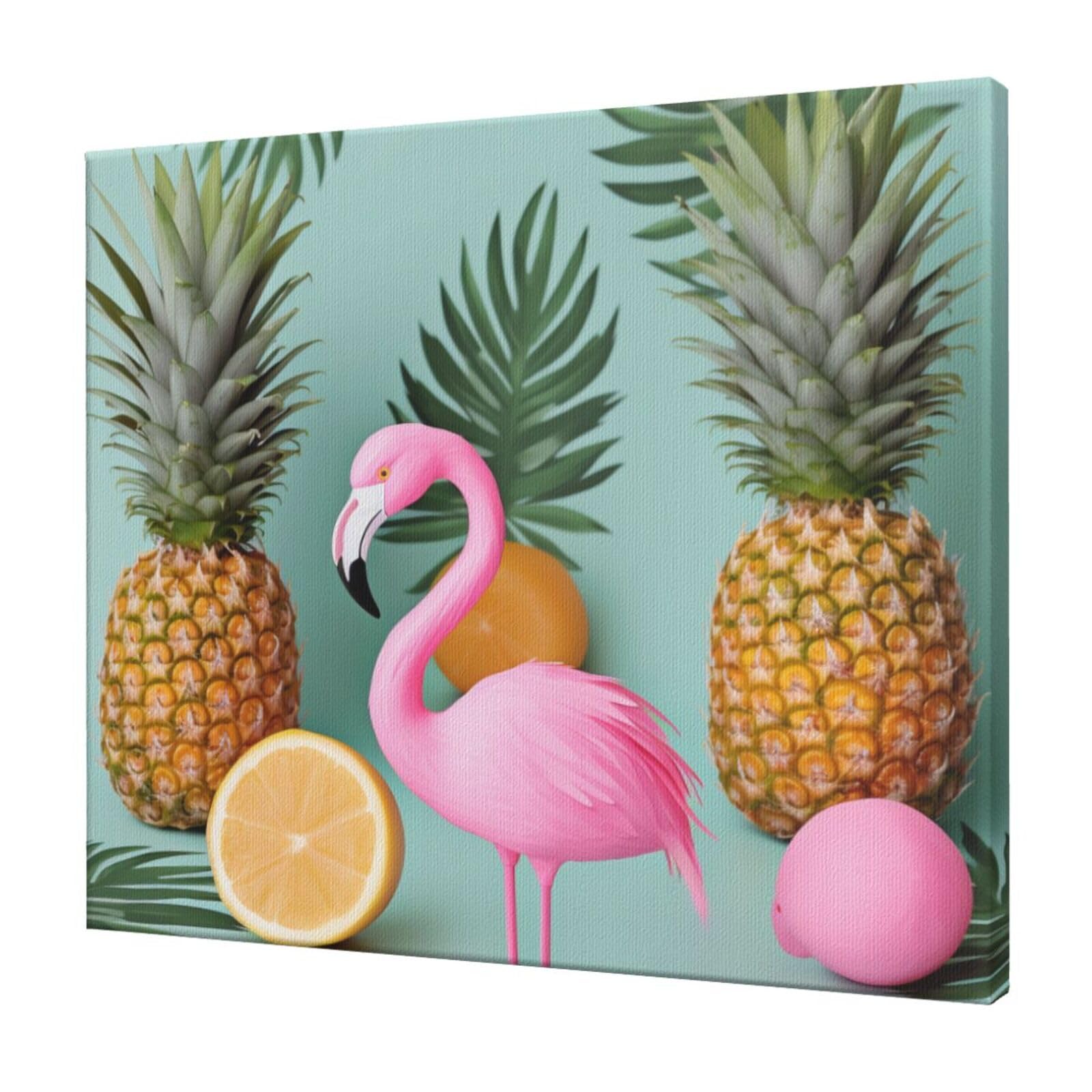 YKLJG pink flamingo pineapples Printed Wall Art Canvas Prints 60x50 CM Wooden Framed Picture Painting Artwork for Bedroom Kitchen Home Office Decor