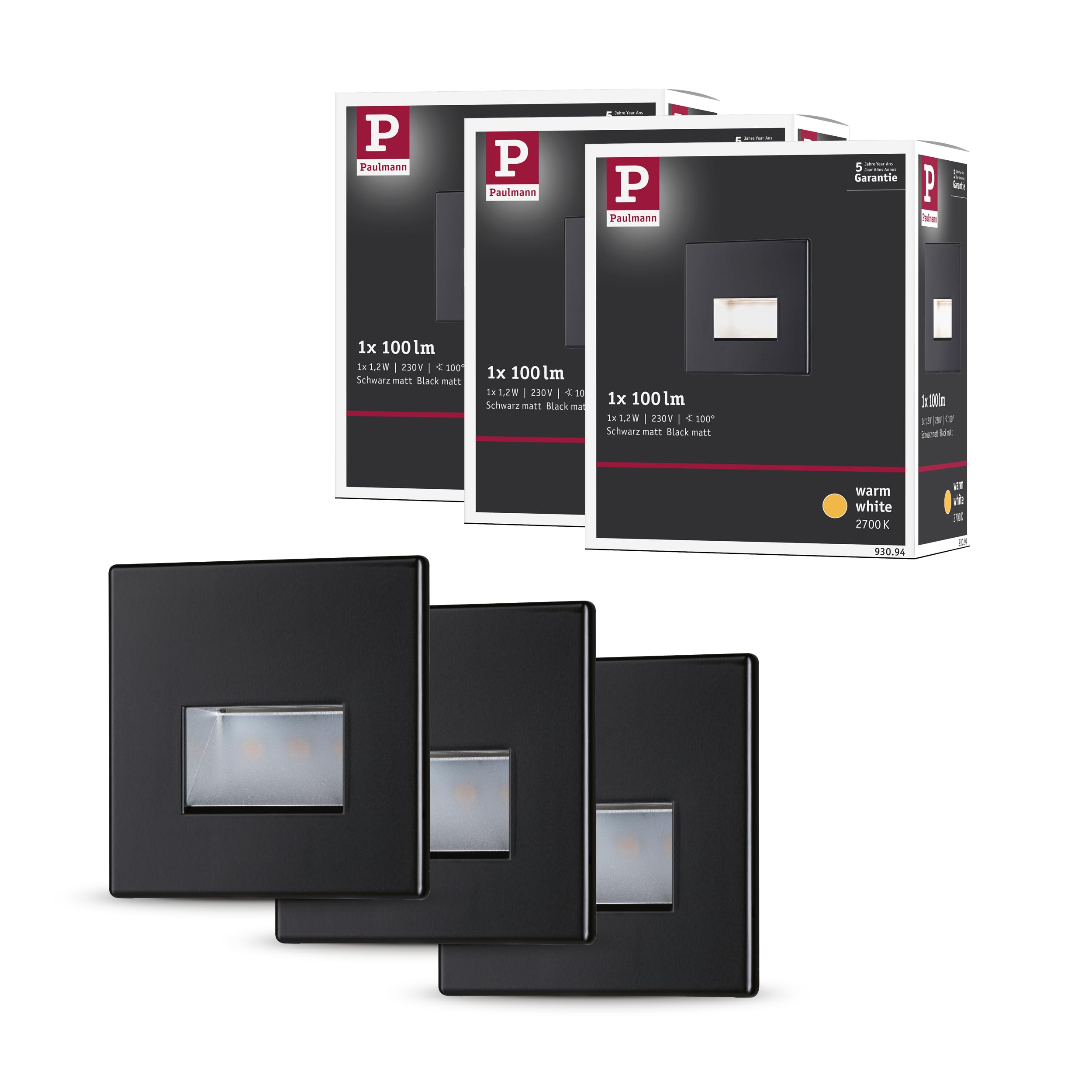 Paulmann 5223 Set LED Wandeinbauleuchte Edge 3er-Set eckig 80x5 mm 3x1,2W 3x50lm 230V 2700K Schwarz matt