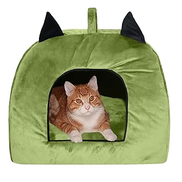 Hiputee Velvet Cat Pet Hut ? Washable ,Comfortable, Portable House for Cats and Kittens (Small, Light Green-Black)