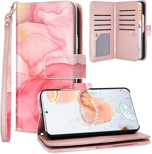 Fingic Funda para Samsung Galaxy S22, Galaxy S22, cartera con 9 tarjetas de mármol de oro rosa, correa de muñeca desmontable de piel sintética, para
